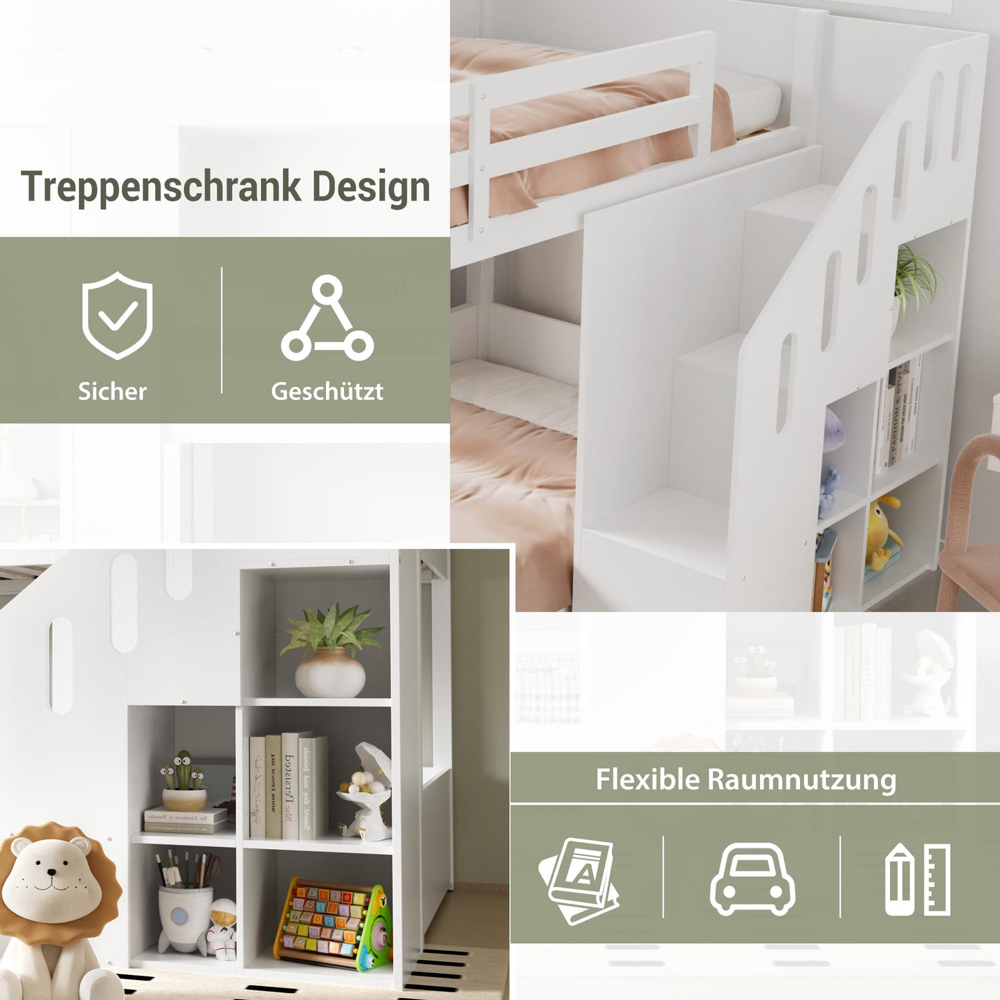 Hochbett bett 90×200cm Doppelbett mit Treppenschrank,Kinder-Etagenbett mit Stabil & Sicher Rausfallschutz für 2, Bett Kinder mit Stauraum/Schließfächern/Lattenrost, ohne Matratze (Weiß, 90×200cm)