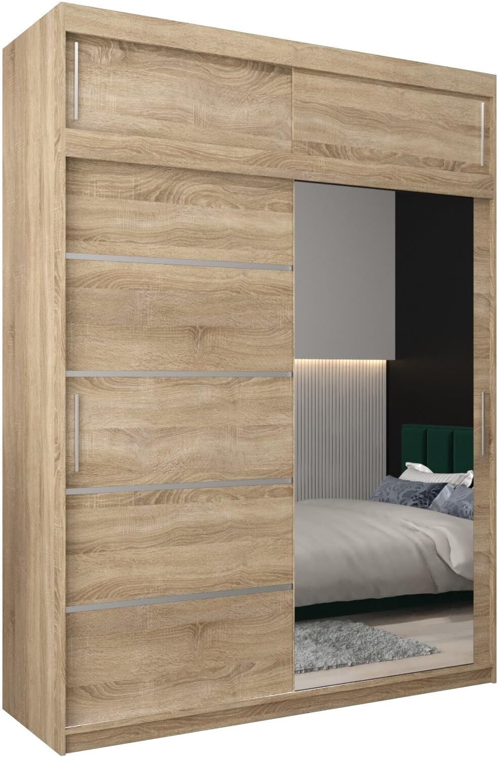MEBLE KRYSPOL Kleiderschrank mit Spiegel Verona 2 - Garderobenschrank - Schrank Schlafzimmer - Mehrzweckschrank DREI Schiebetüren - Regalen - Flur Möbel - Kleiderstange Schrank - Allzweckschrank