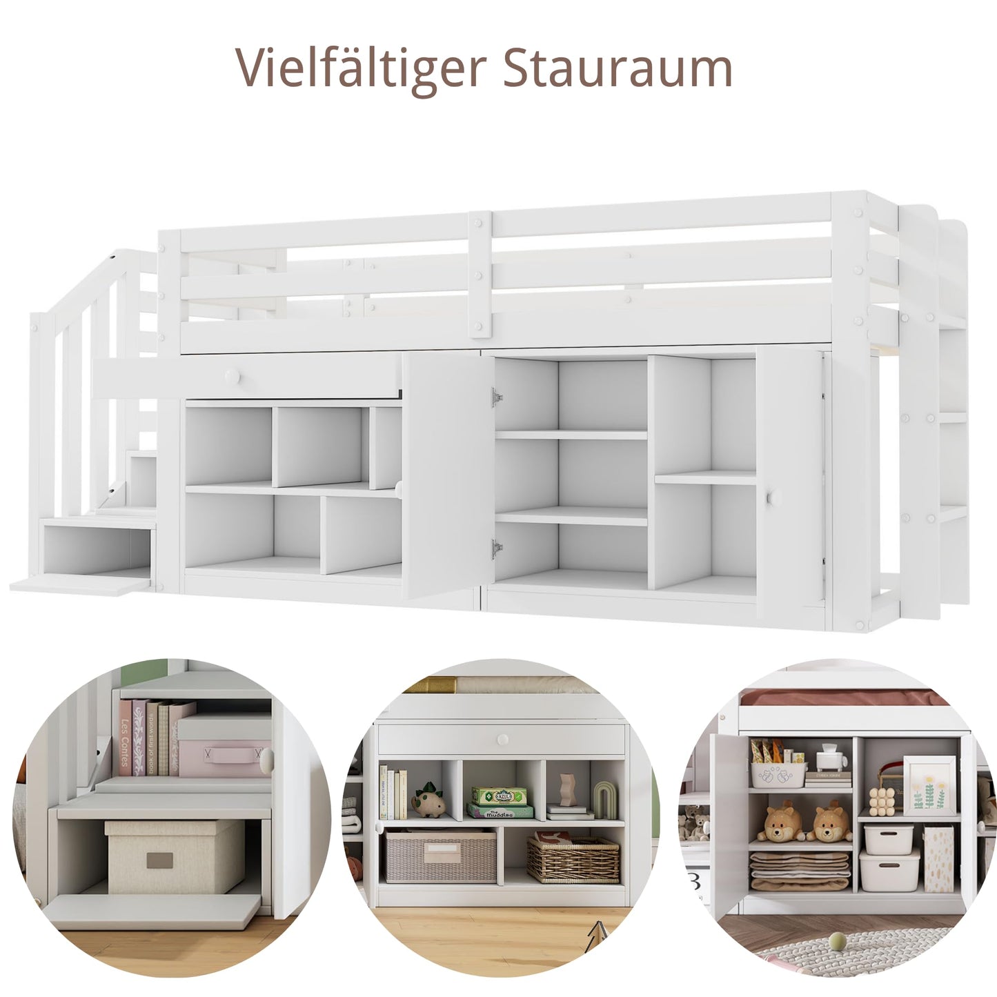 xixiworkshop Kinderbett 90x200cm Ausziehbett Bett mit Stauraum und USB-Steckdose/Mehreren Ablagefächern multifunktionales Jugendbett/Gästebett/Doppelbett mit Stauschrank Lattenrost,Ohne Matratze,Grau