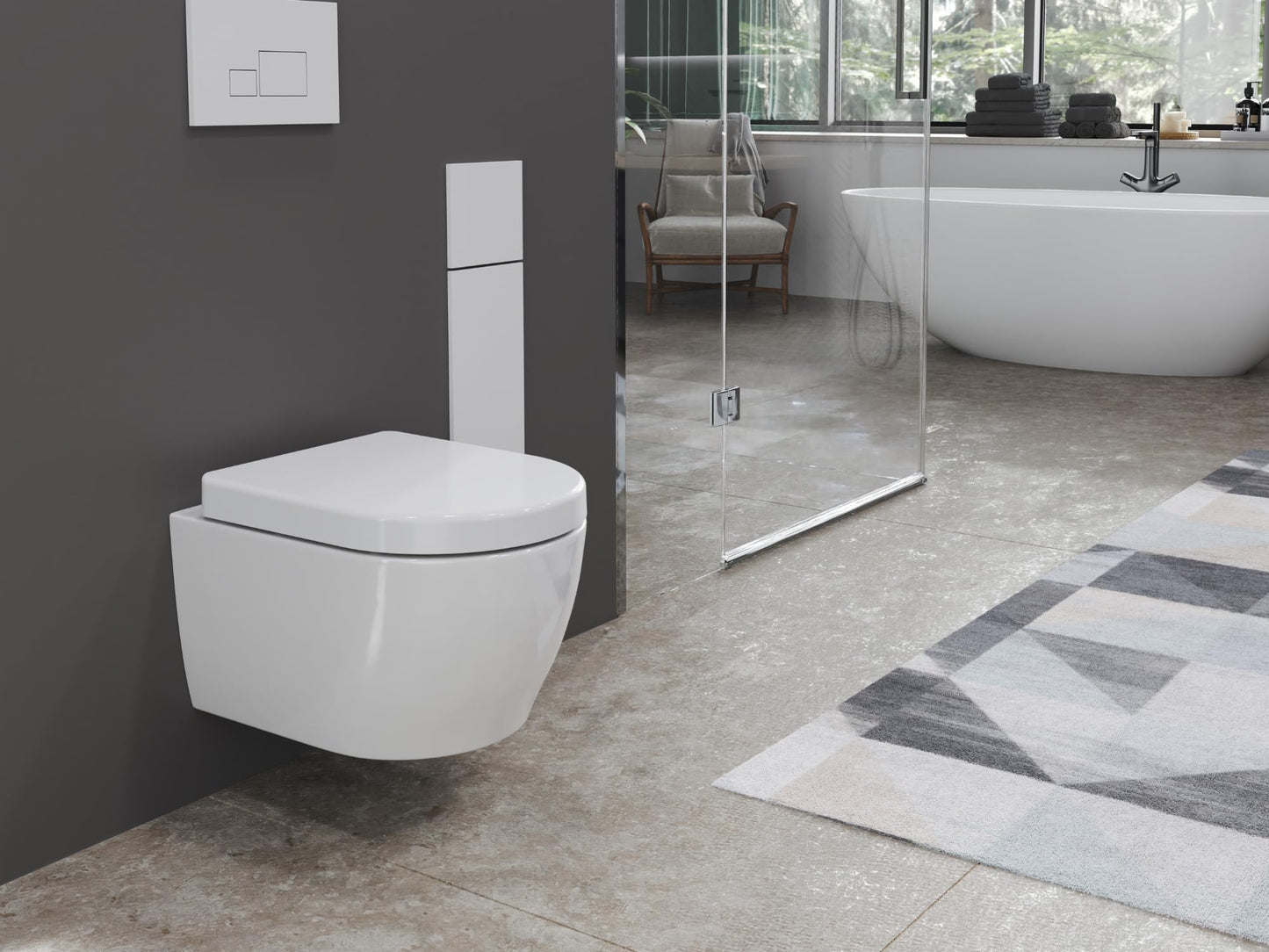 SSWW | Spülrandlose Toilette mit Softclose Toilettendeckel, Hänge-WC aus Keramik, Wand-WC, Tiefspüler | 54 cm lang