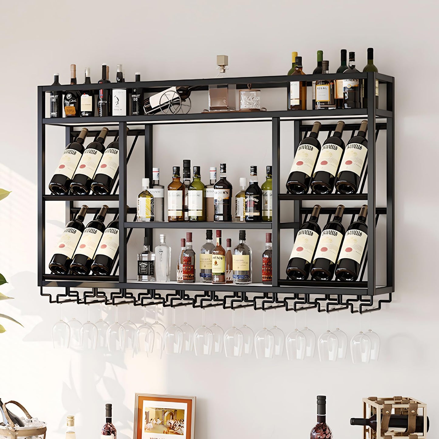 amhricho Wandweinregal Metall, Industrielles Wandmontierte Weinregal mit Glashalter, Schwebendes Regal für Bareinheiten, für Zuhause, Restaurant, Bar (Black, 80 * 25 * 70CM)