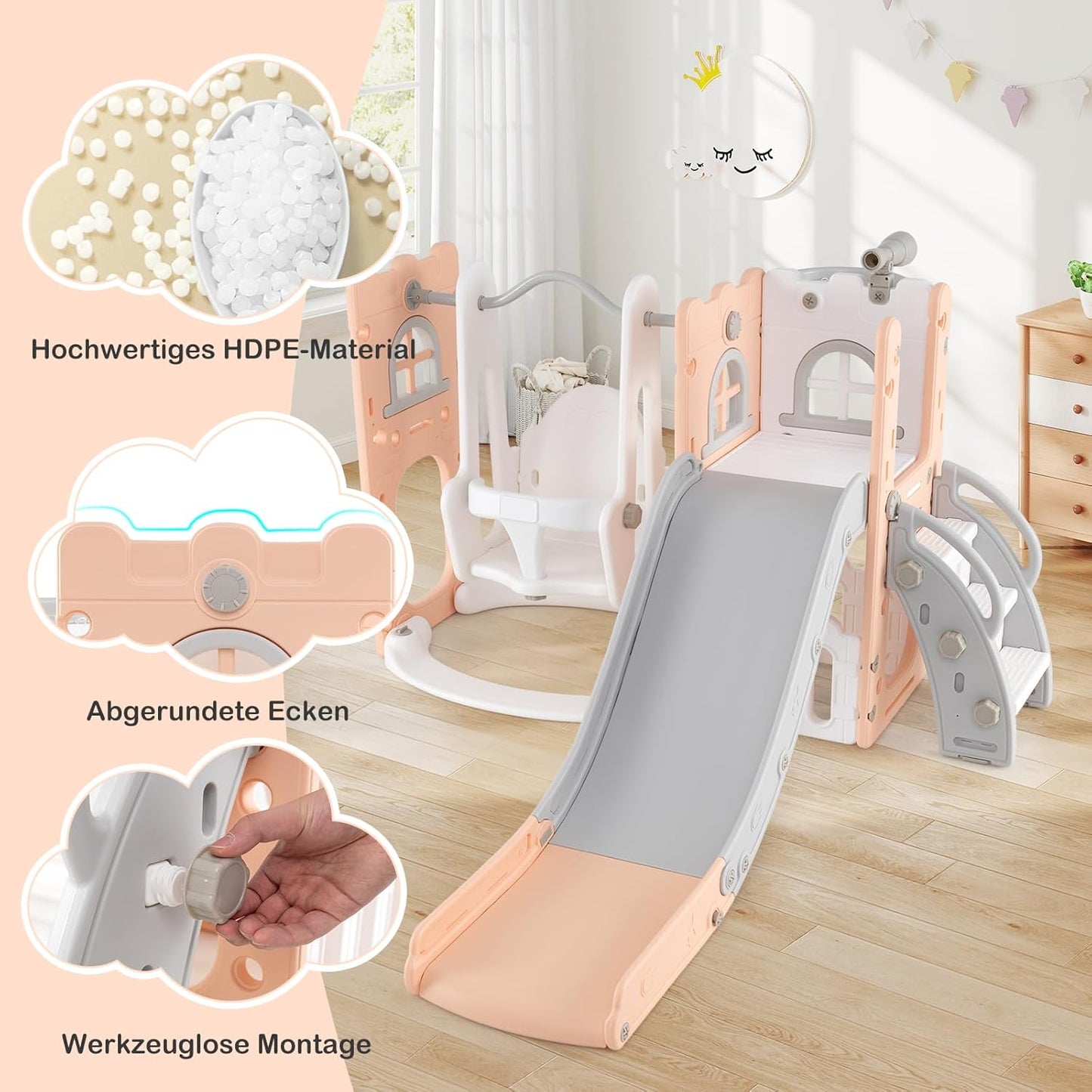 GOPLUS 7 in 1 Kinderrutsche, Kinderrutsche und Kletterspielset mit Leiter, Basketballkorb, Schaukel, Teleskop, Stauraum & rutschfeste Pedale, Indoor Spielplatz für Kinder von 1-3 Jahren (Gelb+Grün)