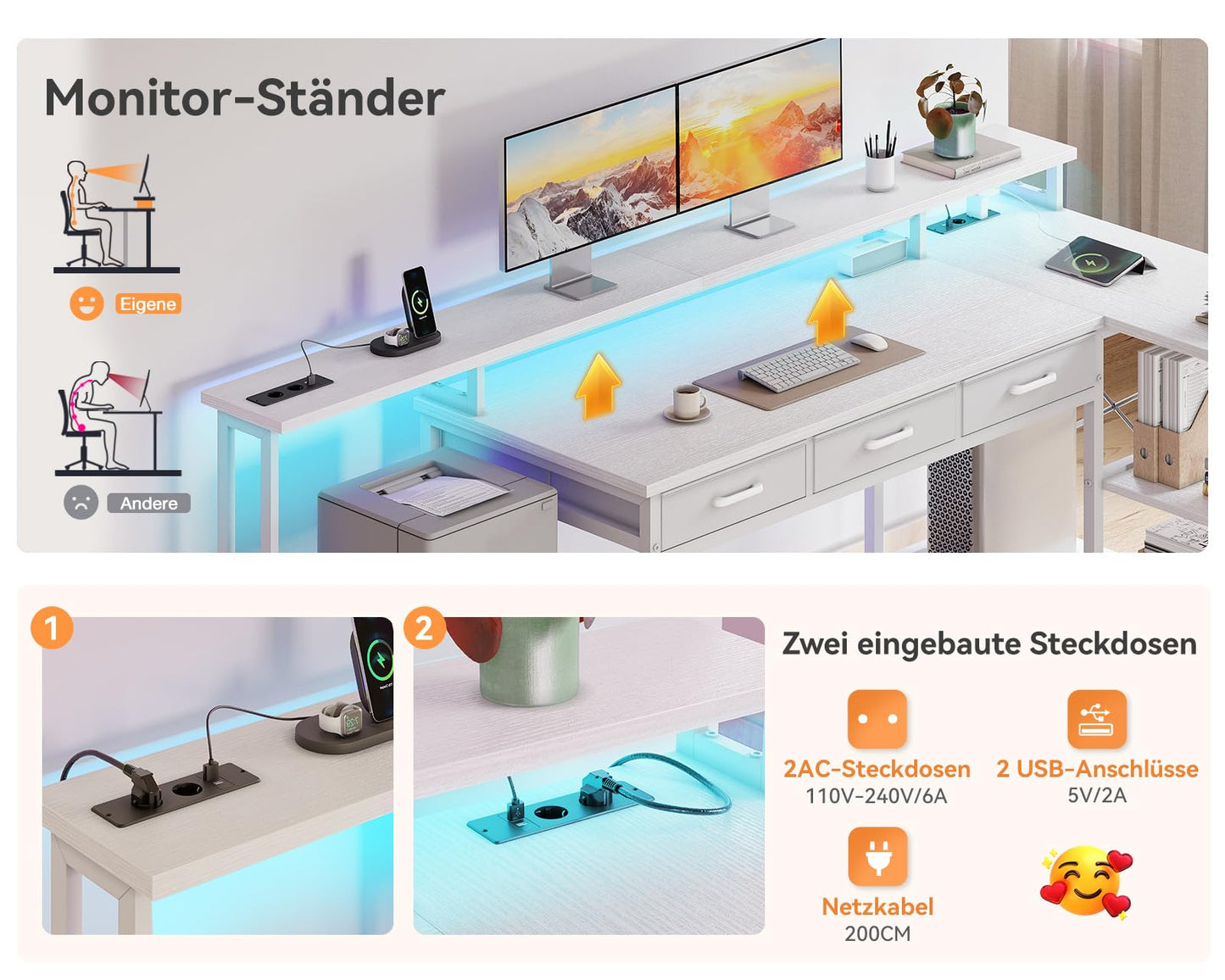 Coleshome Gaming Tisch mit 7 Schubladen & Großzügigem Stauraum, Eckschreibtisch mit RGB LED, Reversibler Schreibtisch L Form mit 2 Steckdosen, Ideal für Büro & Gaming, 179.5×135.5cm, Weiß