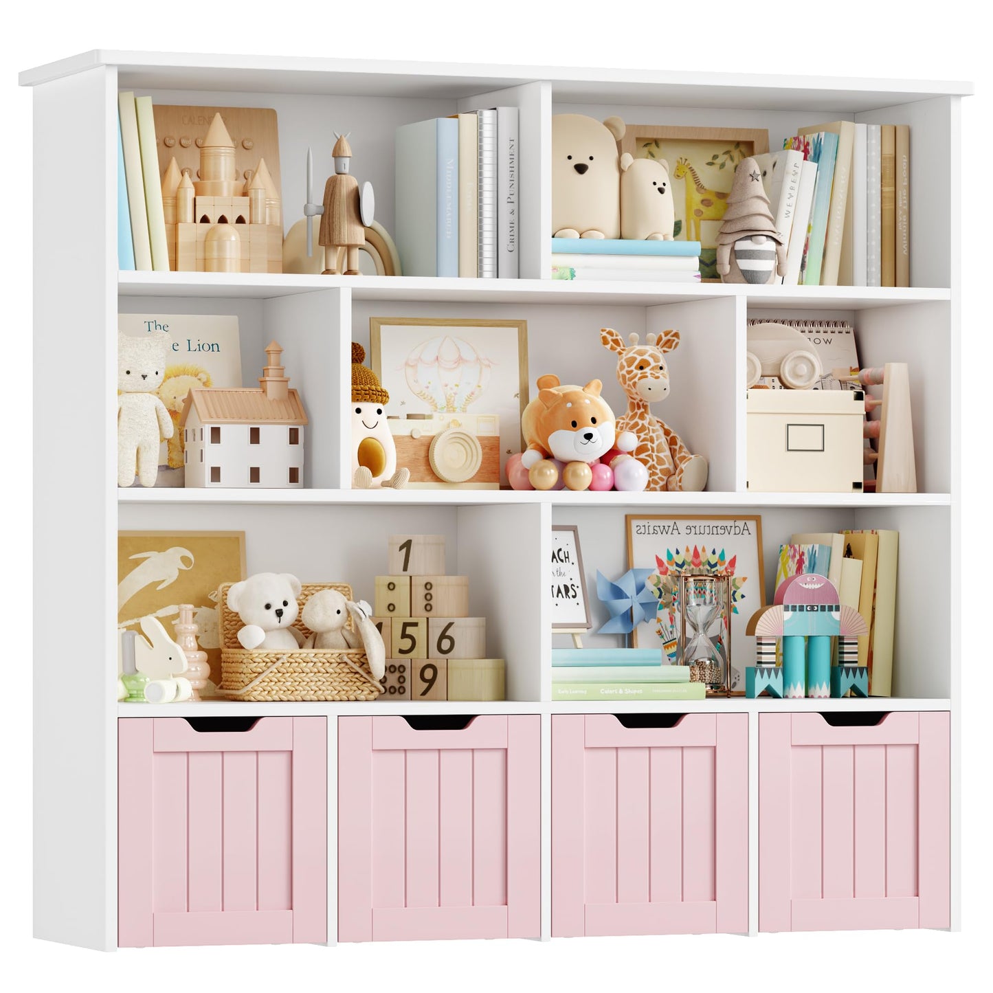 FOREHILL Children's Shelf with Boxes on Wheels, Children's Bookcase with 4 Levels, Children's Room Furniture, Toy Regulator, Storage Shelf, Bookcase for Children, Children's Cabinet, Shelf, White,