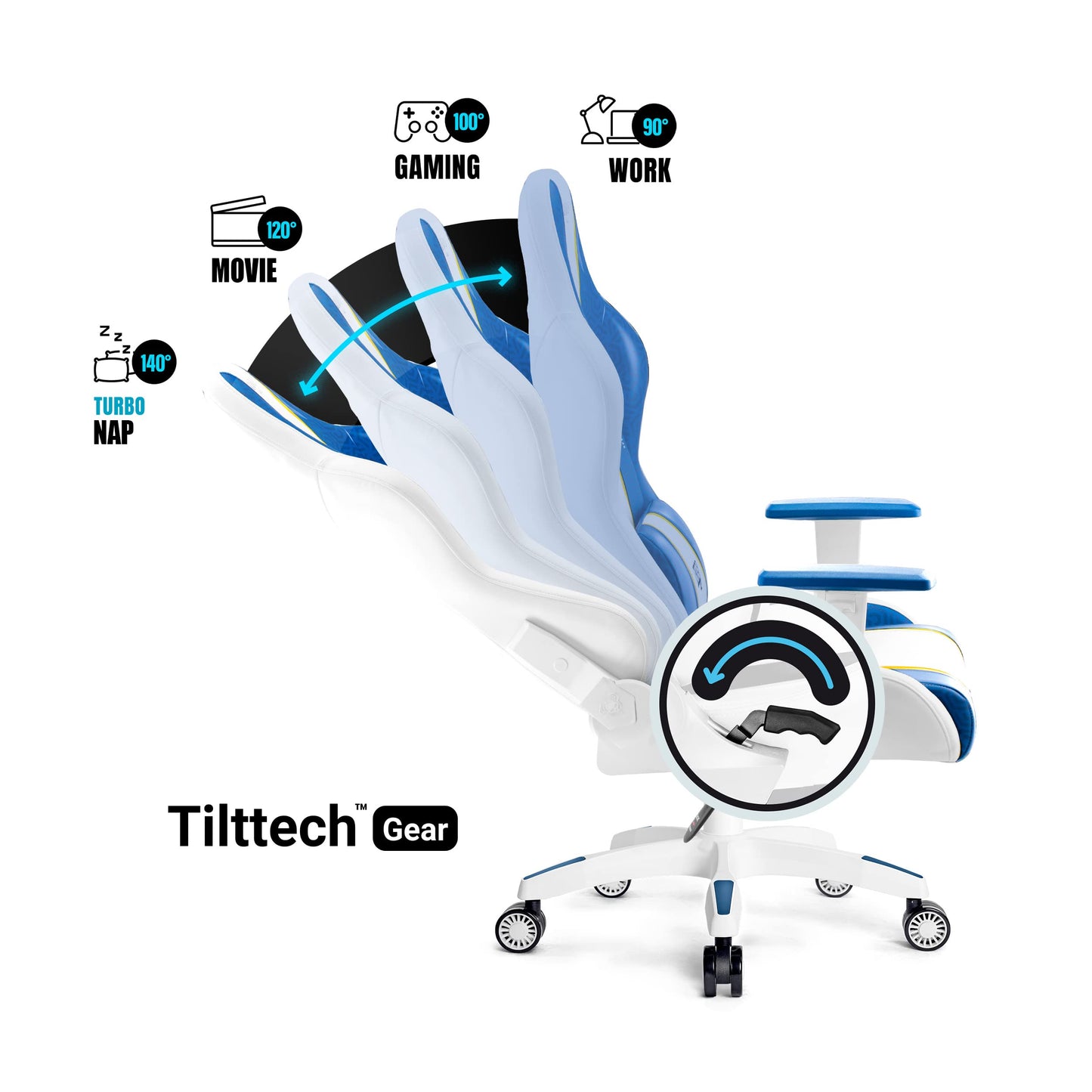 Diablo X-One 2.0 Gaming Stuhl Gamer Chair Bürostuhl Schreibtischstuhl Verstellbare Armlehnen Ergonomisches Design Nacken/-Lendenkissen Wippfunktion Aqua Blue Normal (L)