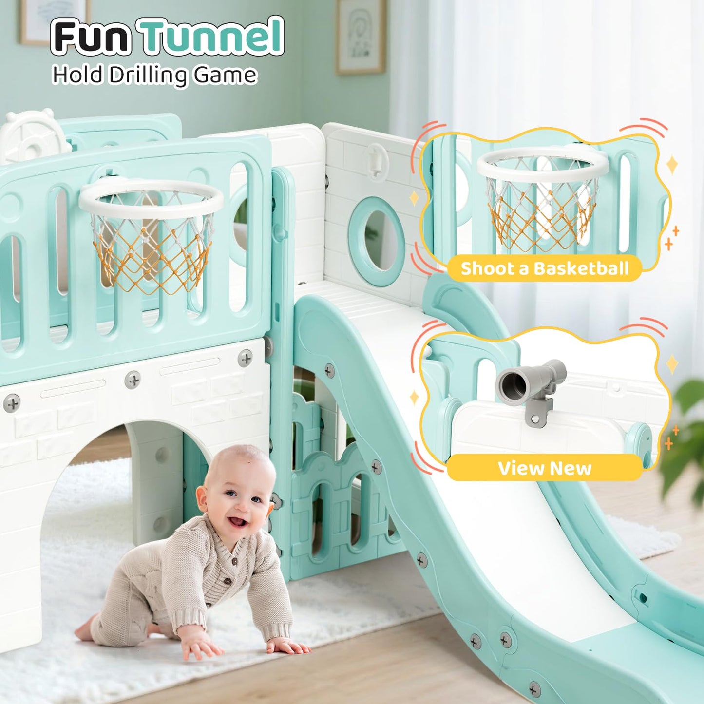 MAMIZO 9 in 1 Kinderrutsche, Kinder Rutsche mit Klettergerüst, Indoor & Outdoor Rutsche mit Basketballkorb und Teleskop, Tunnel, Stauraum, Gartenrutsche,Kinder Spielplatz, mit 2PCS Moduls, Gelb Blau
