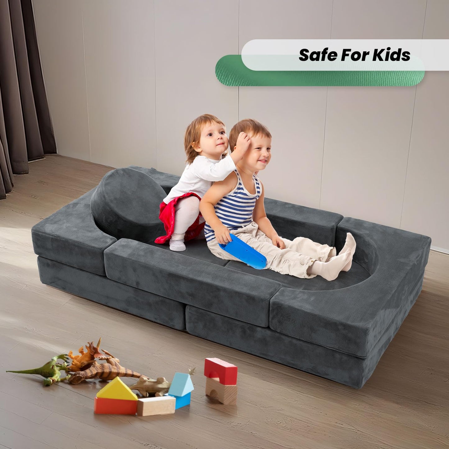 HOMFINE 16pcs Modular Kids Play Couch, Kids Toddler Couch, Child Sectional Sofa, Versatile Kid Sofa for Playroom Bedroom, Convertible Foam and Floor Cushion for Boys and Girls, Grey