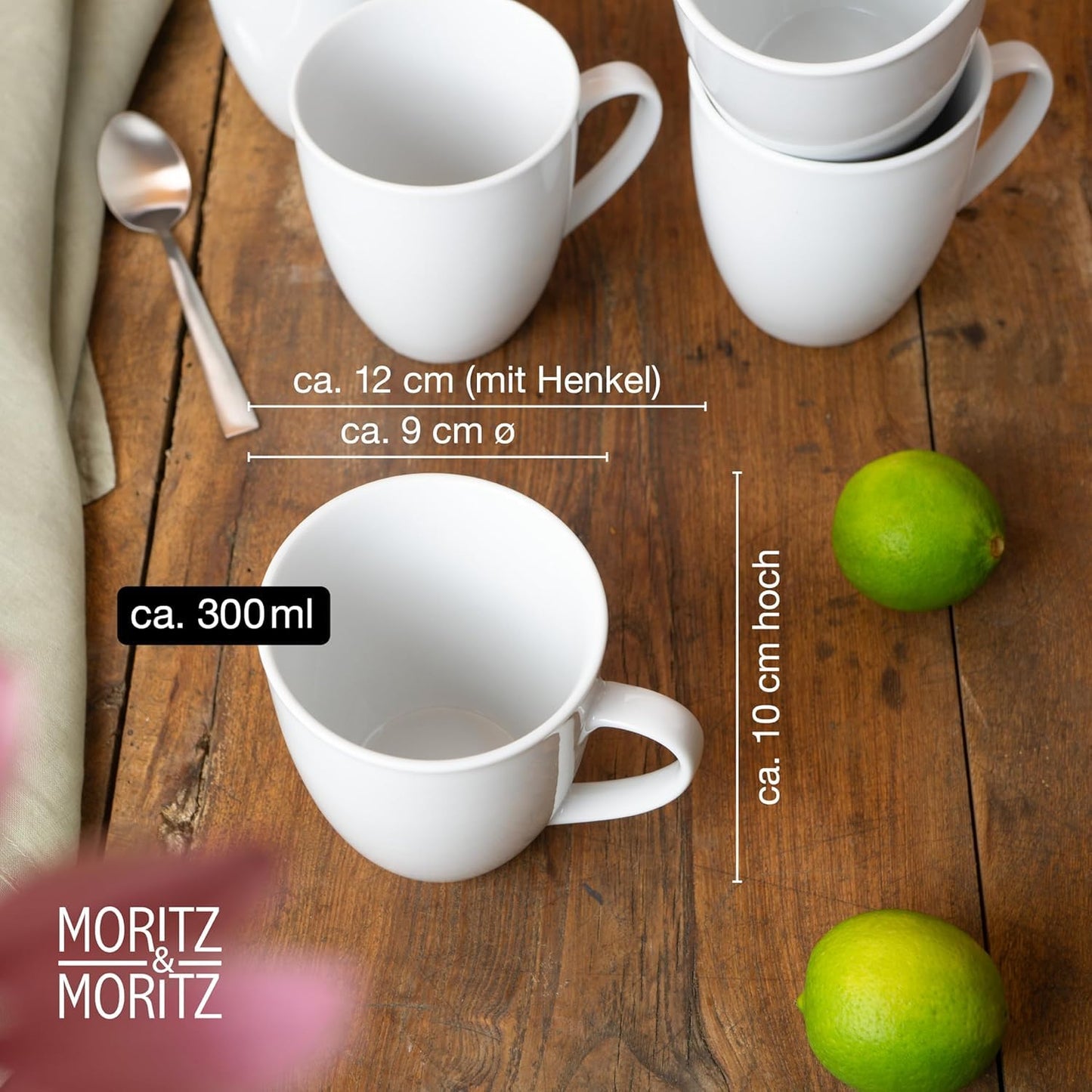 Moritz & Moritz BASIC Kaffeetassen Set 6-teilig - ca. 300ml aus hochwertigem Porzellan in klassischem Weiß - Perfekt für Kaffee, Tee, heiße Schokolade, Cappuccino