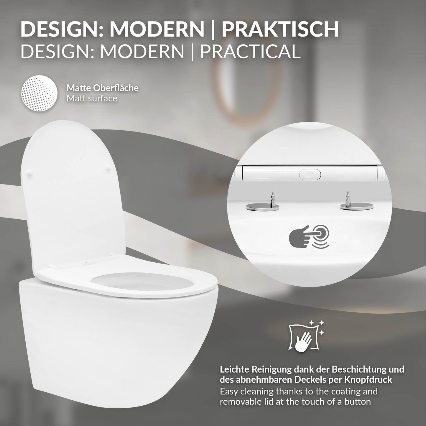 ECD Germany Rimless Wall-Mounted Toilet Ceramic White Matt with Nano Coating, Wall Toilet Long 52 cm, Removable Toilet Seat Made of Duroplast Soft Close Mechanism, Deep Washdown with Lotus Effect