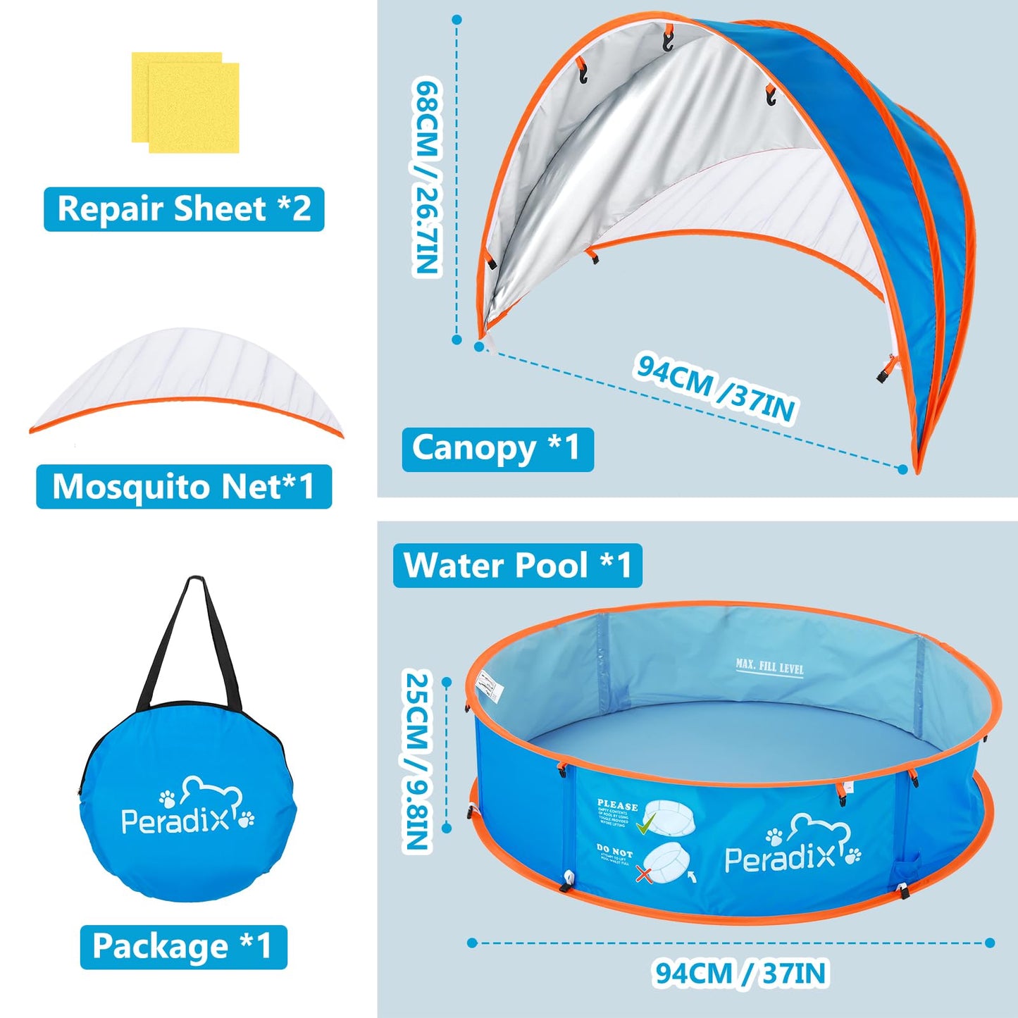 Peradix 4 in 1 Pop Up Baby Planschbecken,Babypool mit UV Schutz Bällepool, Baby Zelt Strandzelt mit Moskitonetz,Tragbare Spielzelt Bällebad Sonnenschutz Sommer für Jahre,(Blau)