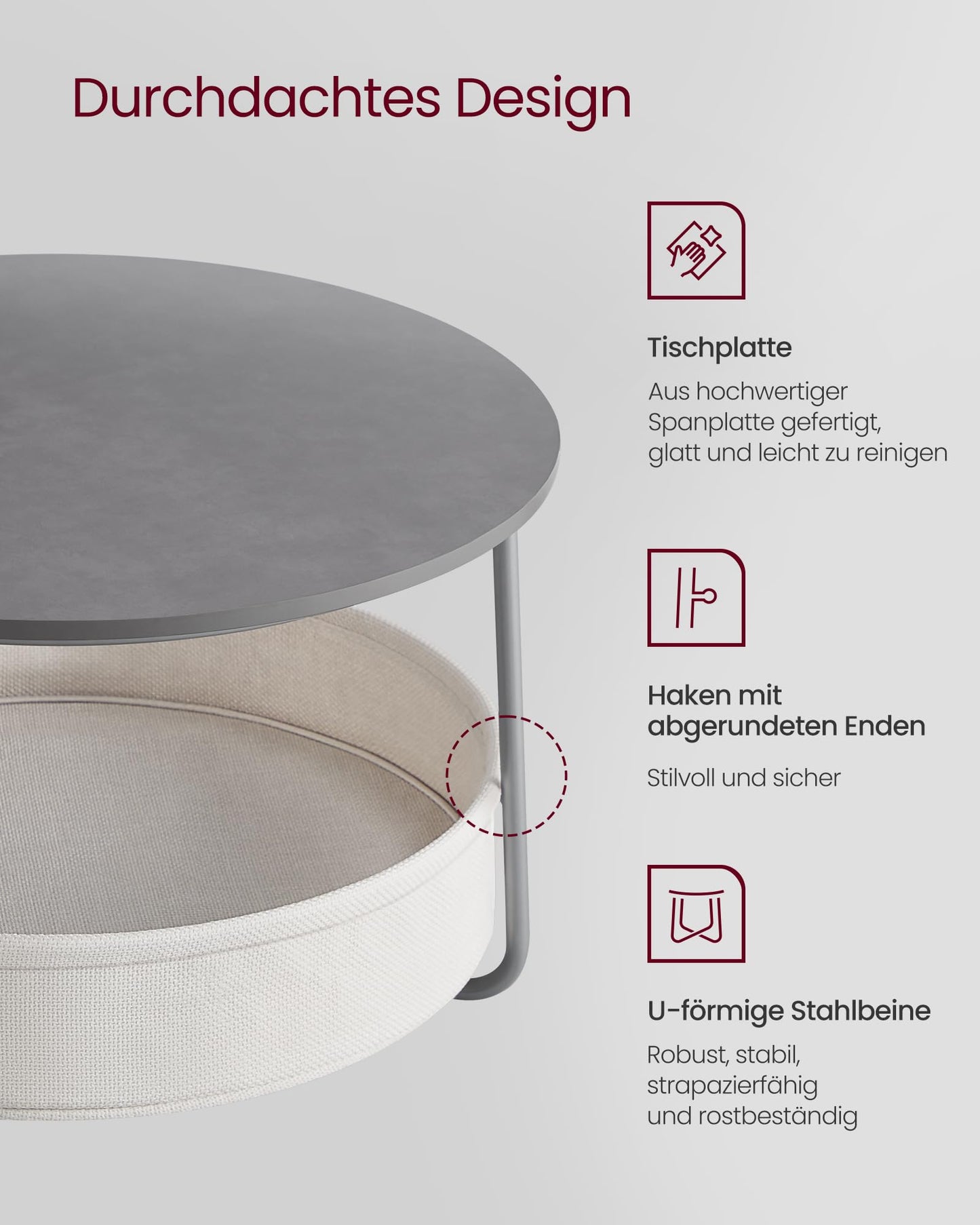 VASAGLE LCT244W10 Round Coffee Table with Storage Space Side Table Living Room Table with Fabric Basket Modern Metal Frame Matt White Camel Brown