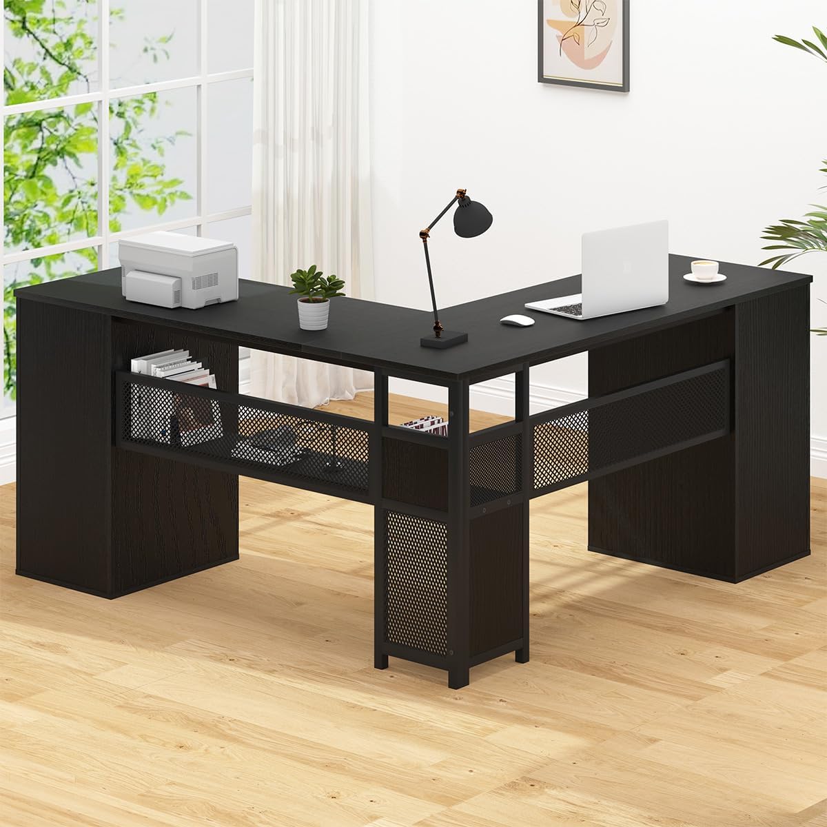 HSH - Black L Shape Corner Desk with Filing Drawers and Shelves, Reversible Corner Desk Made of Metal and Wood with Storage Cabinets