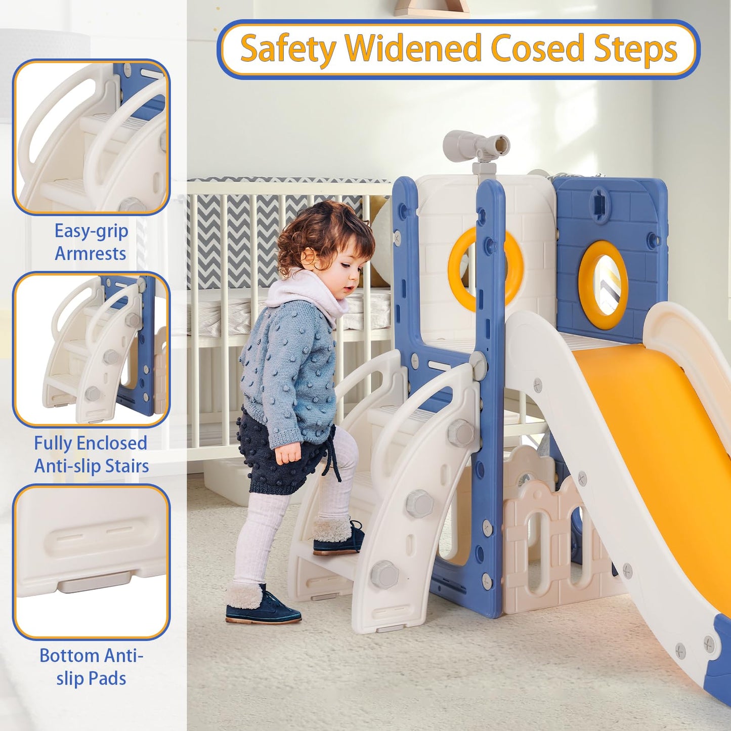 Kinderrutsche, für 1-3 Jahre, Indoor & Outdoor Rutsche ab 1 Jahre, Freistehende Rutsche mit Stauraum & Spielteleskope, Gartenrutsche, Kinder Spielplatz, mit 2PCS Moduls, Grün Grau