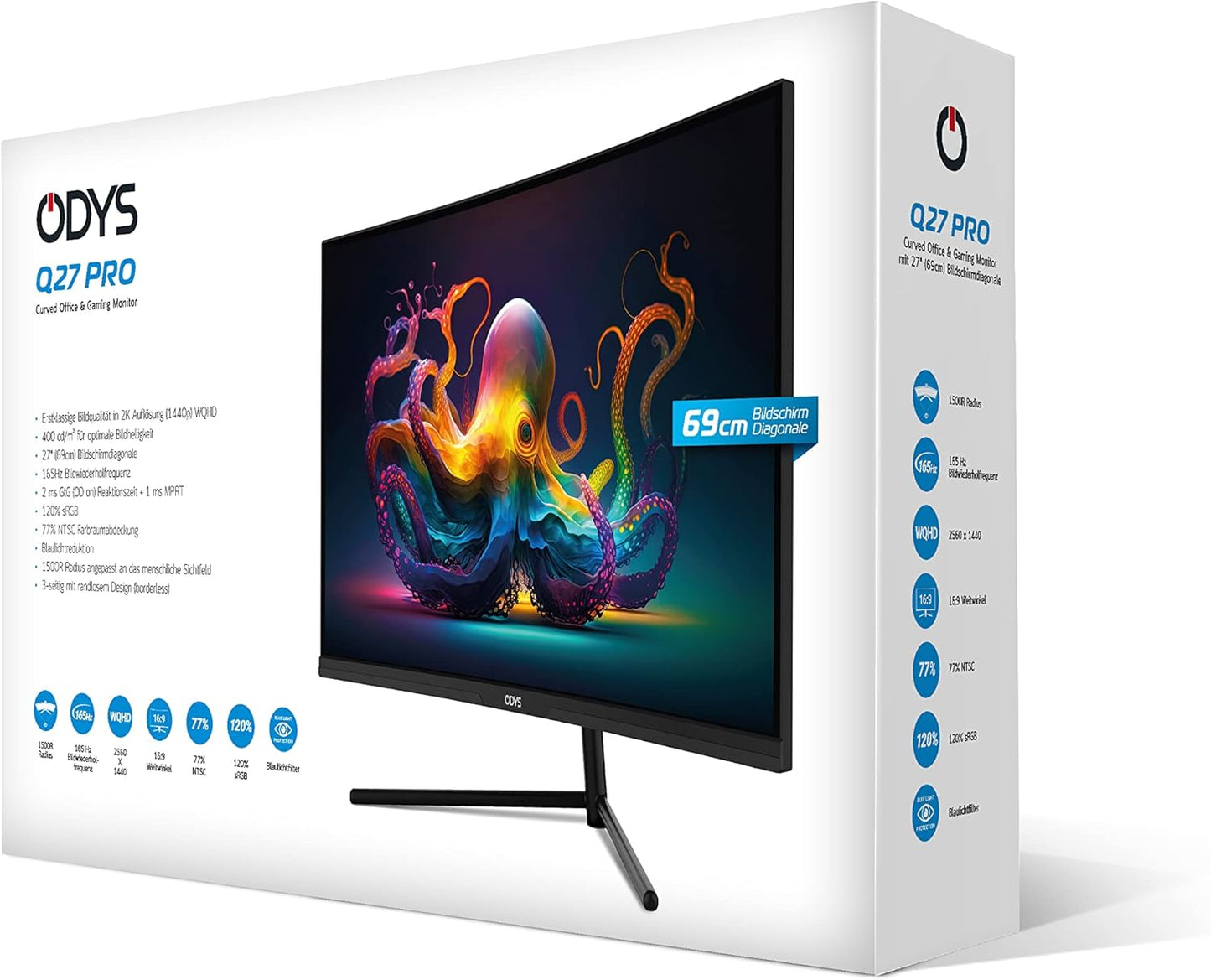 ODYS i27-Q-180-27 Inch Gaming Monitor (69 cm Screen, WQHD, 2,560 x 1,440 Pixels, 180 Hz, 1ms Response Time (MPRT), Fast IPS Panel, 120% sRGB, FreeSync, 2x HDMI, 2x Display Port)