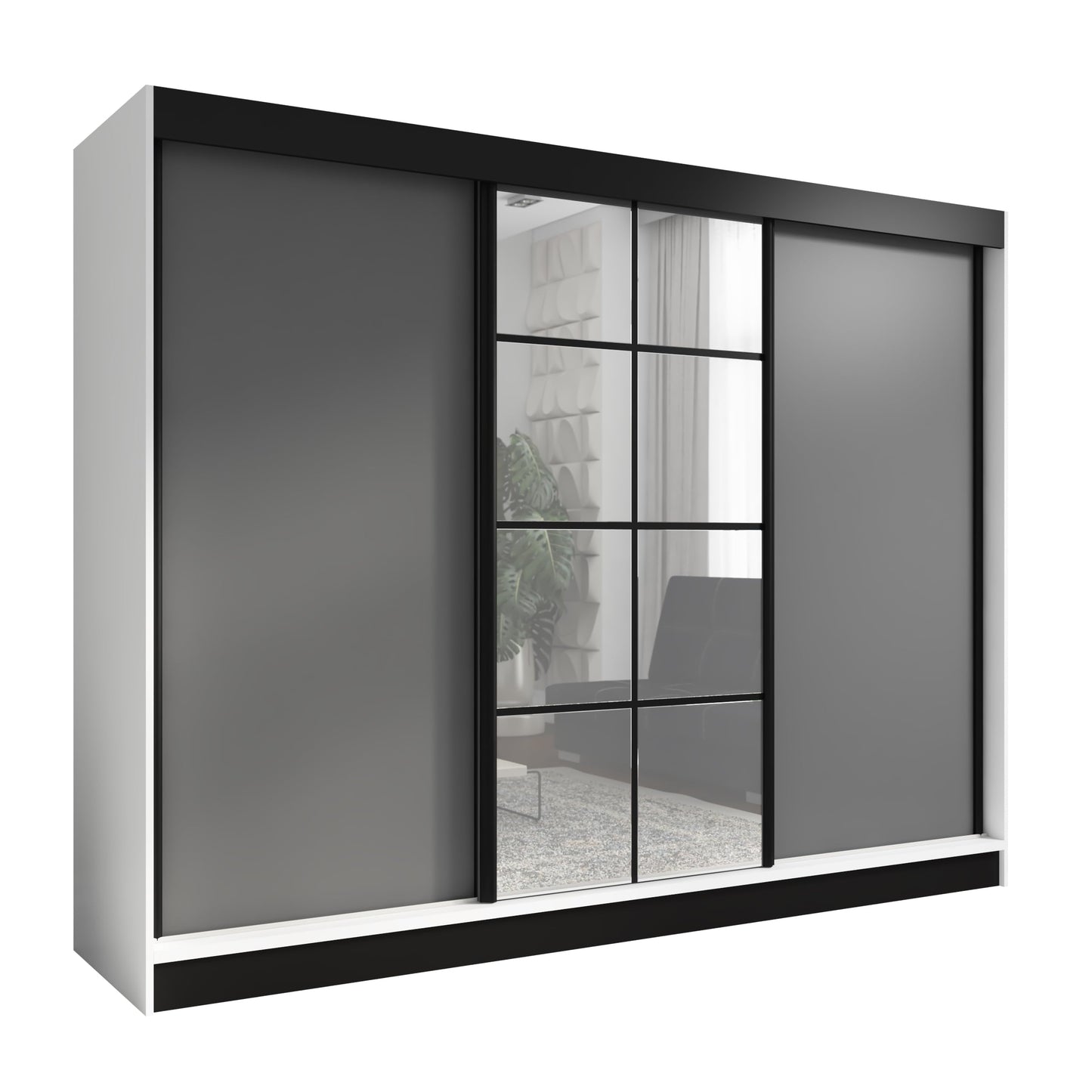 A&J MöbelLand Oravelle Sliding Door Wardrobe 3 Doors with Drawers and Mirror 200 cm (Black)