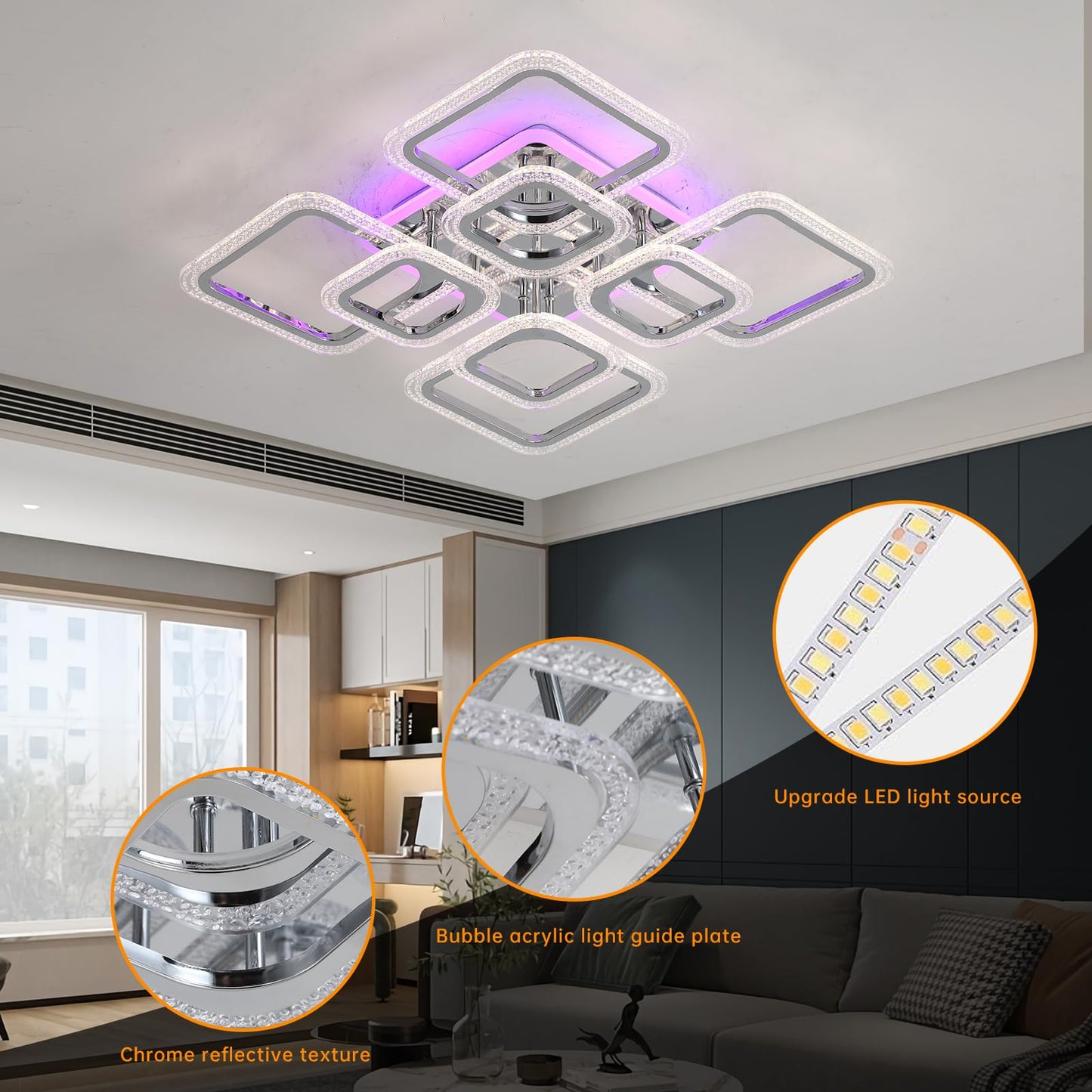 ZAITINZ Led Deckenleuchte,Wohnzimmerlampe 80W,Deckenleuchte Dimmbar mit fernbedienung 3000-6000K,5 Quadratische Deckenlampe Led,Moderne Deckenleuchten für Wohnzimmer,Schlafzimmer,Küche,Flur,Chrom