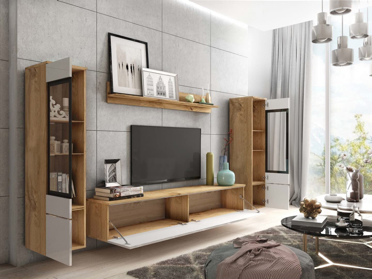 MINIO go for it Veve 2, 4-Piece Wall Unit Set, Hanging or Standing, 2 x Tall Cabinet Display Cabinets, Lowboard, Wall Board, Laminated Clamping Plate, Wotan Oak and Black Gloss, without Lighting