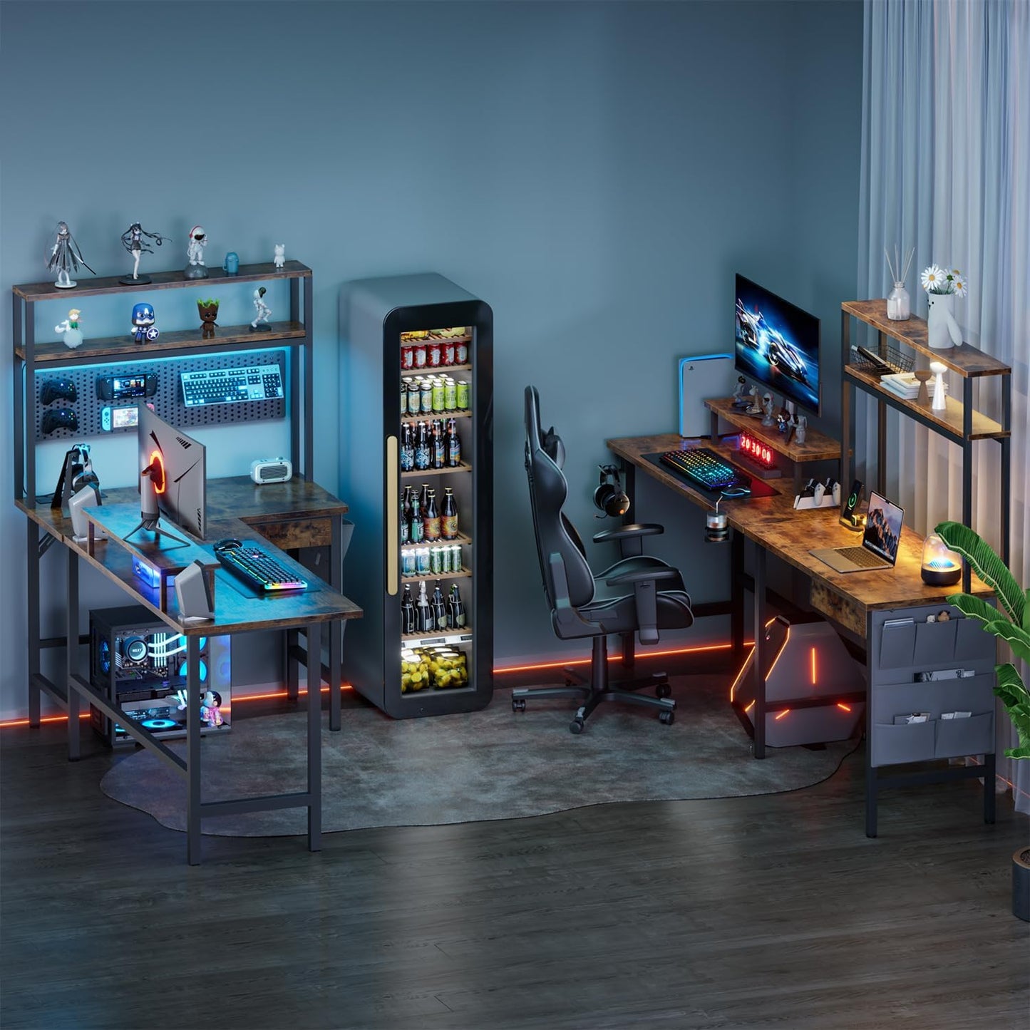 HLONONE Gaming Table with LED, 150 x 100 cm Gaming Desk, L Shape with 3 Sockets and 2 USB, Reversible Corner Desk, PC Corner Table, Computer Desk with Monitor Stand and Countertop Shelf, Black