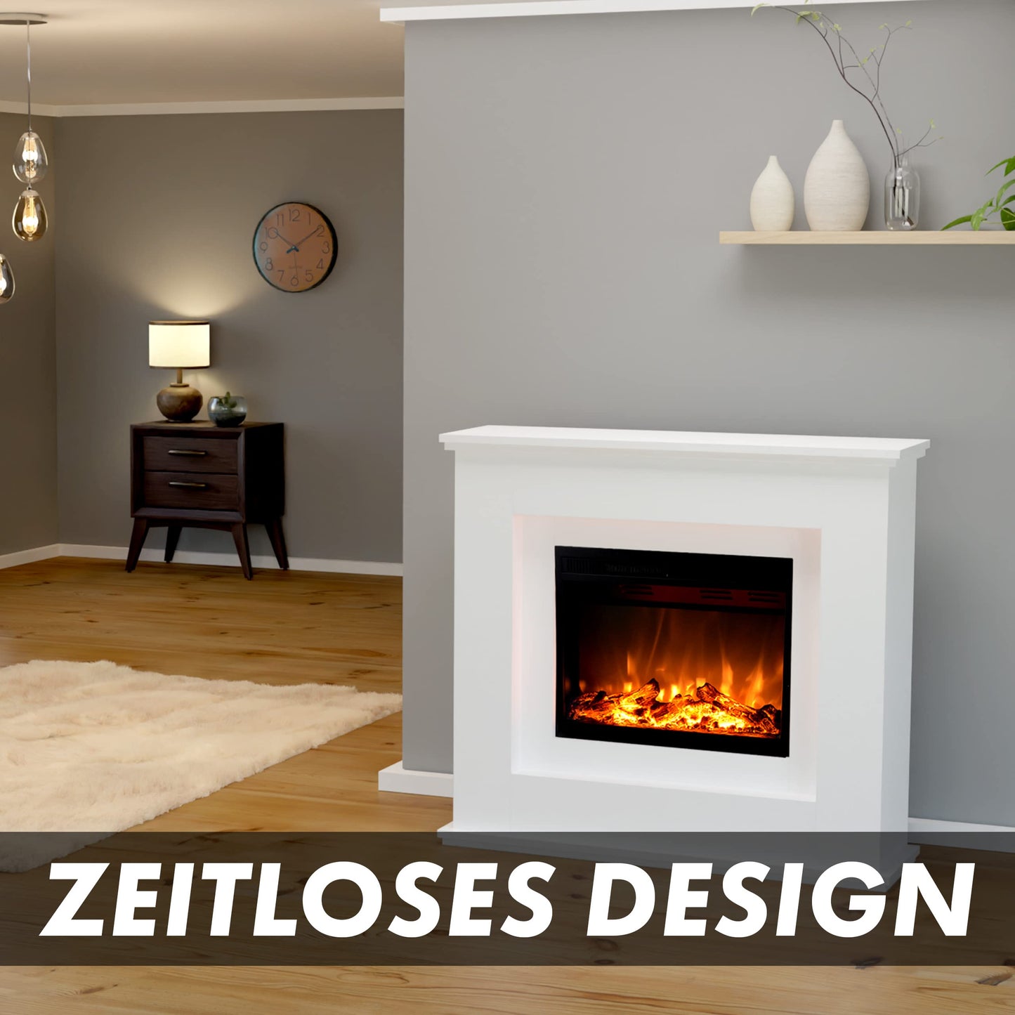 GLOW FIRE Elektrokamin mit Heizung und Kaminfeuer (Standkamin Europa) - elektrischer Kamin mit LED-Feuer in 3 Farben, Heizlüfter, Holz-Deko & Fernbedienung, 111x101x33 cm, Schwarz