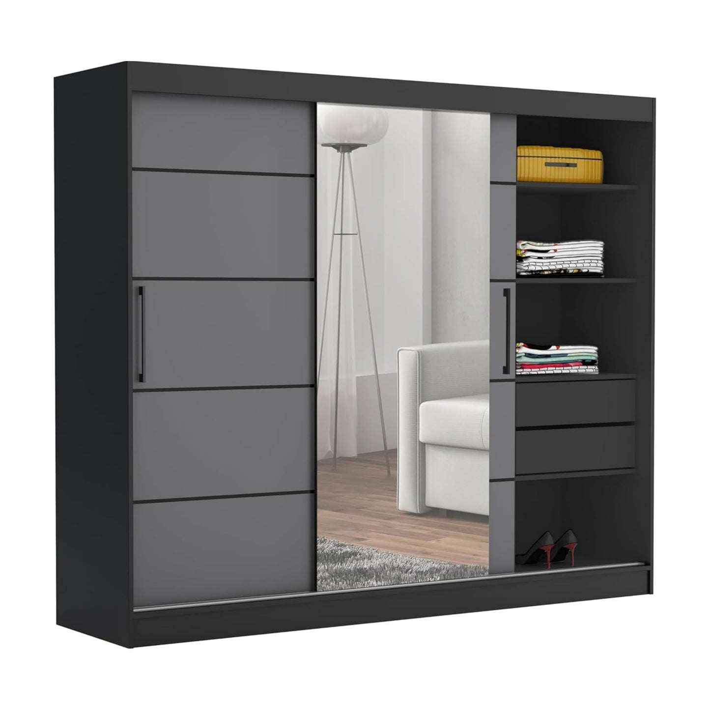 Brent - Kleiderschrank mit Spiegel und Schubladen 235cm Breit Chelsea Tomy, Schwebetürenschrank mit Spiegel, Schlafzimmerschrank, Kleiderschrank Schwarz