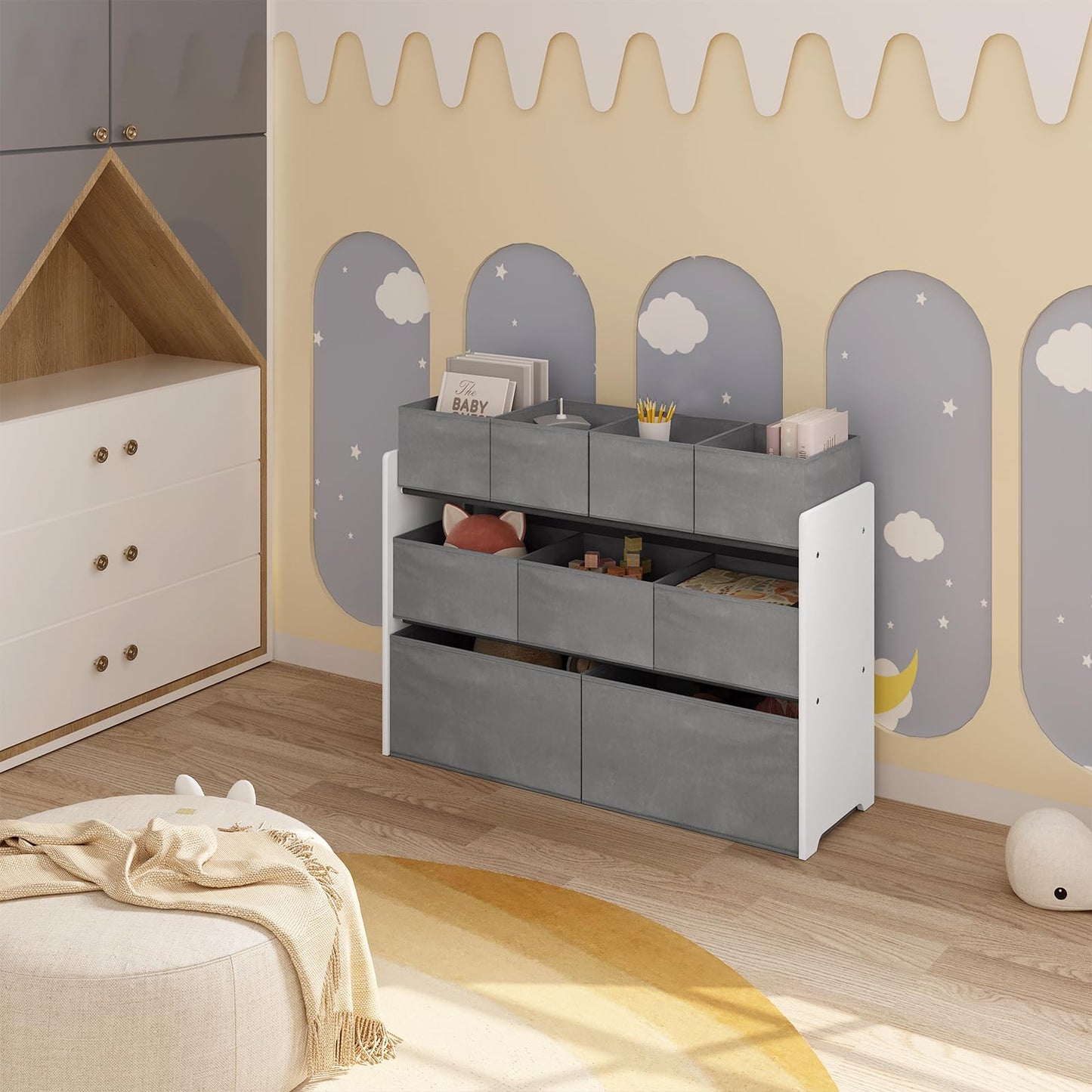 Lestarain Kinderregal mit 9 Aufbewahrungsboxen, Spielzeugregal, Regal Kinderzimmer Spielzimmer, Kinderregal, 63x60x30 cm, Weiß