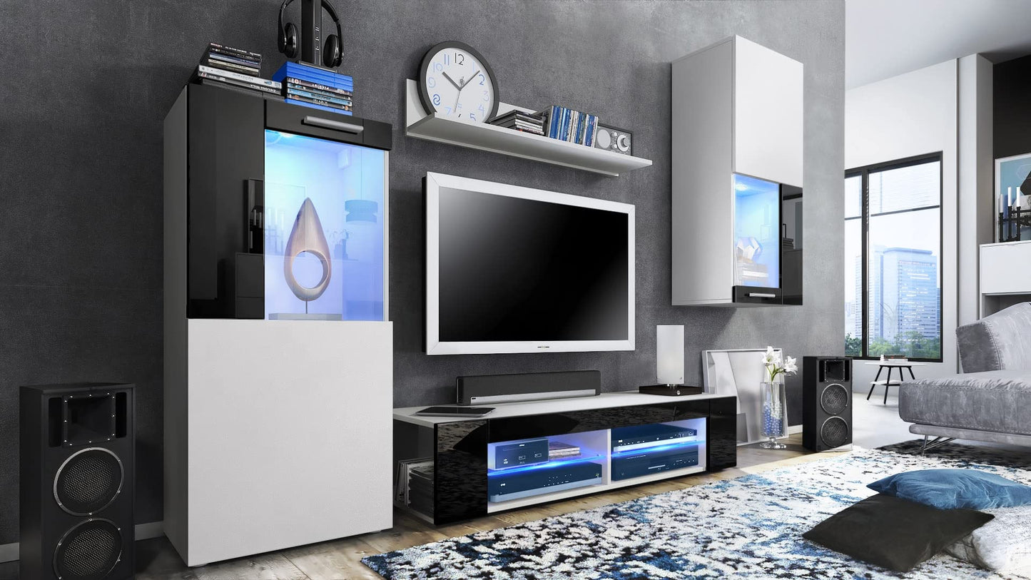 Vladon Wohnwand Movie, Anbauwand bestehend aus 1 TV-Board, 2 Vitrinen und 1 Regal, Weiß matt/Weiß matt/Weiß Hochglanz (Gesamt: 300 x 190 x 39 cm)