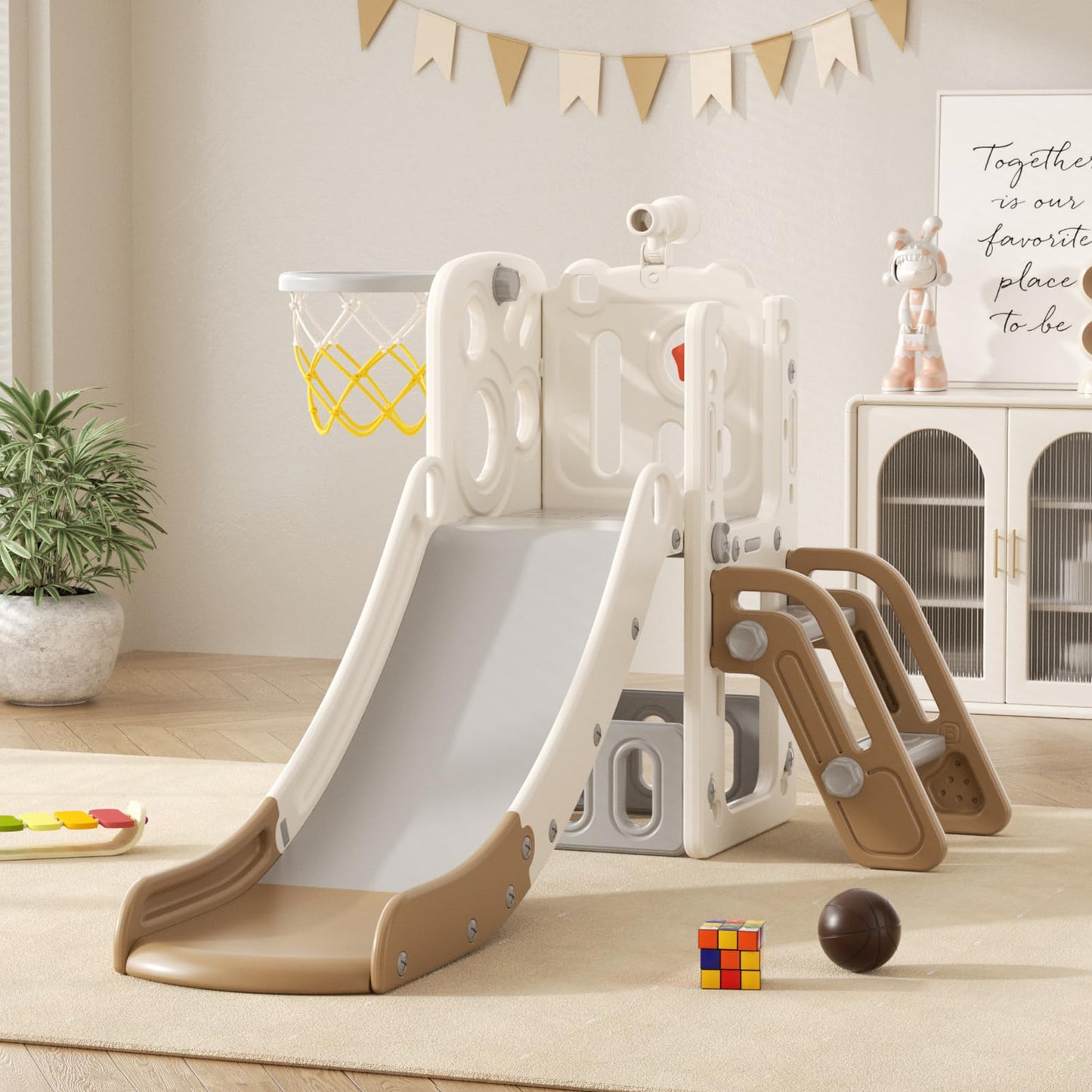 Rutsche mit Klettergerüst für Kinder: Indoor Spielplatz mit - Aufbewahrungsbox Tunnel Treppenleiter Basketballkorb und Durchgangsbereich Gartenrutsche (Star Set-G-Brown)