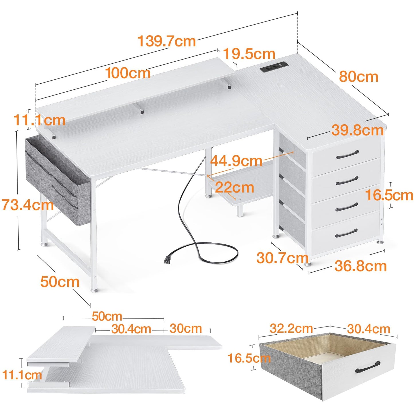 ODK Corner Desk with 4 Fabric Drawers, 140 x 80 cm, Desk L Shape Reversible with USB Charging Port and Socket, L Shaped Desk with Monitor Shelf for Home Office, White
