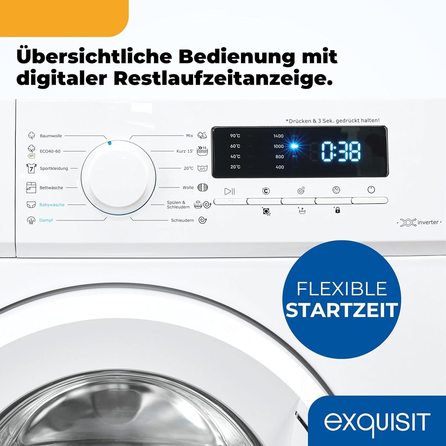 Exquisit Waschmaschine 7kg, Energieeffizienzklasse A, max. 1400 U/Min, Kurzprogramm, Mixprogramm, Startzeitvorwahl (3-24 Std.), Aquastop, 12 Waschprogramme, WA57014-020A weiss
