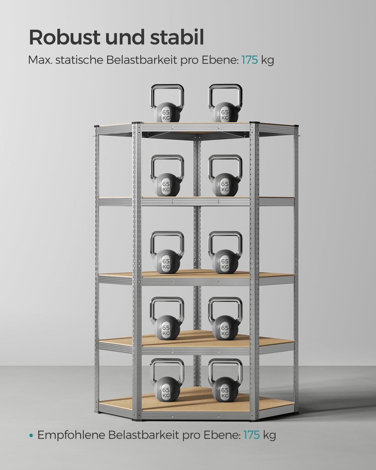 SONGMICS GLR080E01 Corner Shelving Unit 5 Levels Heavy Duty Metal Storage Shelf for Garage Storage Room Cellar Shelf Maximum Load 875 kg Silver Natural Beige