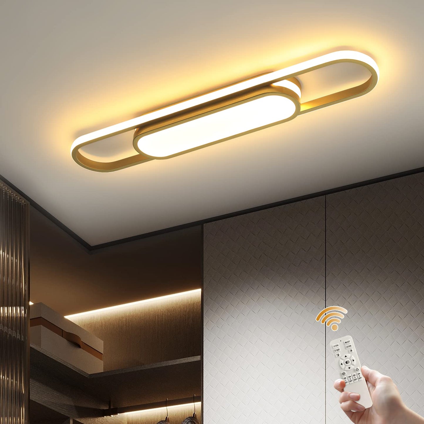 Oninio Modern LED Ceiling Light Dimmable Ceiling Light with Remote Control 70 cm Ceiling Light for Living Room, Kitchen, Dining Room, Bedroom, 40 W (Gold)