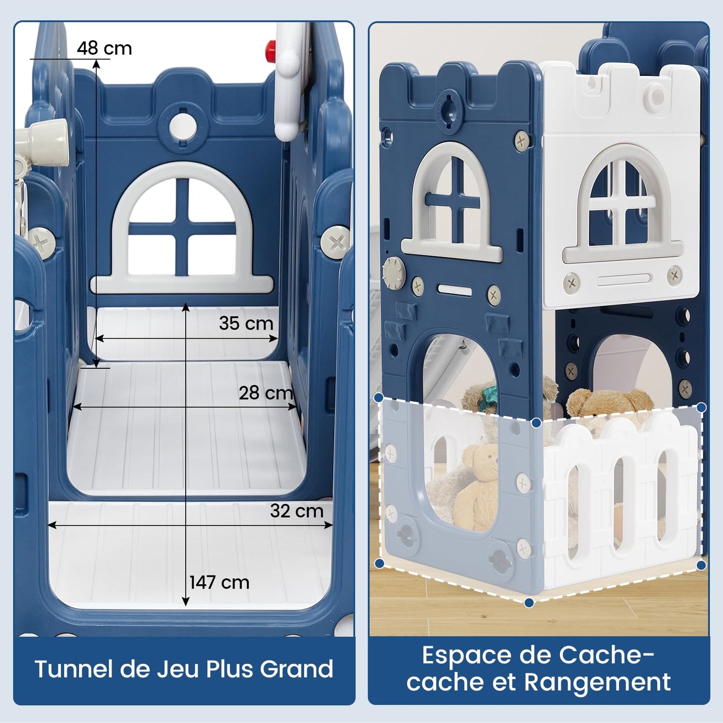 Kinder Rutsche 8 in1 Mit Klettern, Teleskop, Basketballkorb,Tunnel, Bohrspiel und Stauraum, Kleinkinderklettergerüst für Kleinkinder 1–3 Jahren