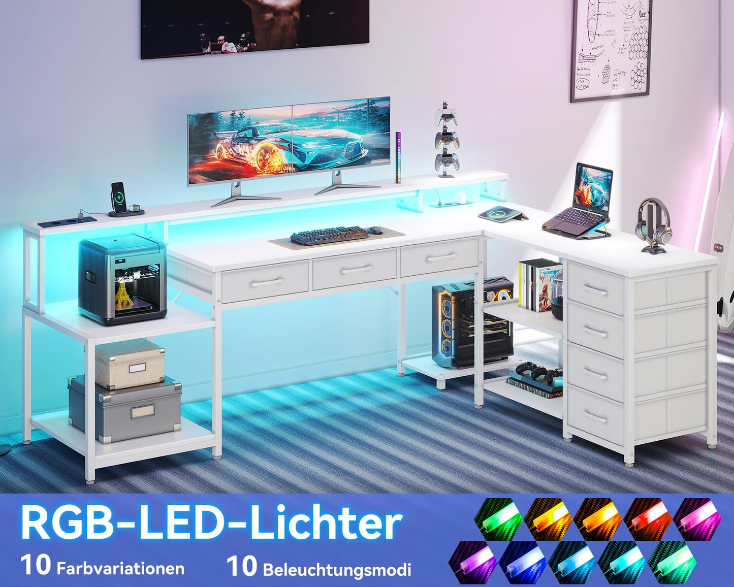 Coleshome Gaming Tisch mit 7 Schubladen & Großzügigem Stauraum, Eckschreibtisch mit RGB LED, Reversibler Schreibtisch L Form mit 2 Steckdosen, Ideal für Büro & Gaming, 179.5×135.5cm, Weiß