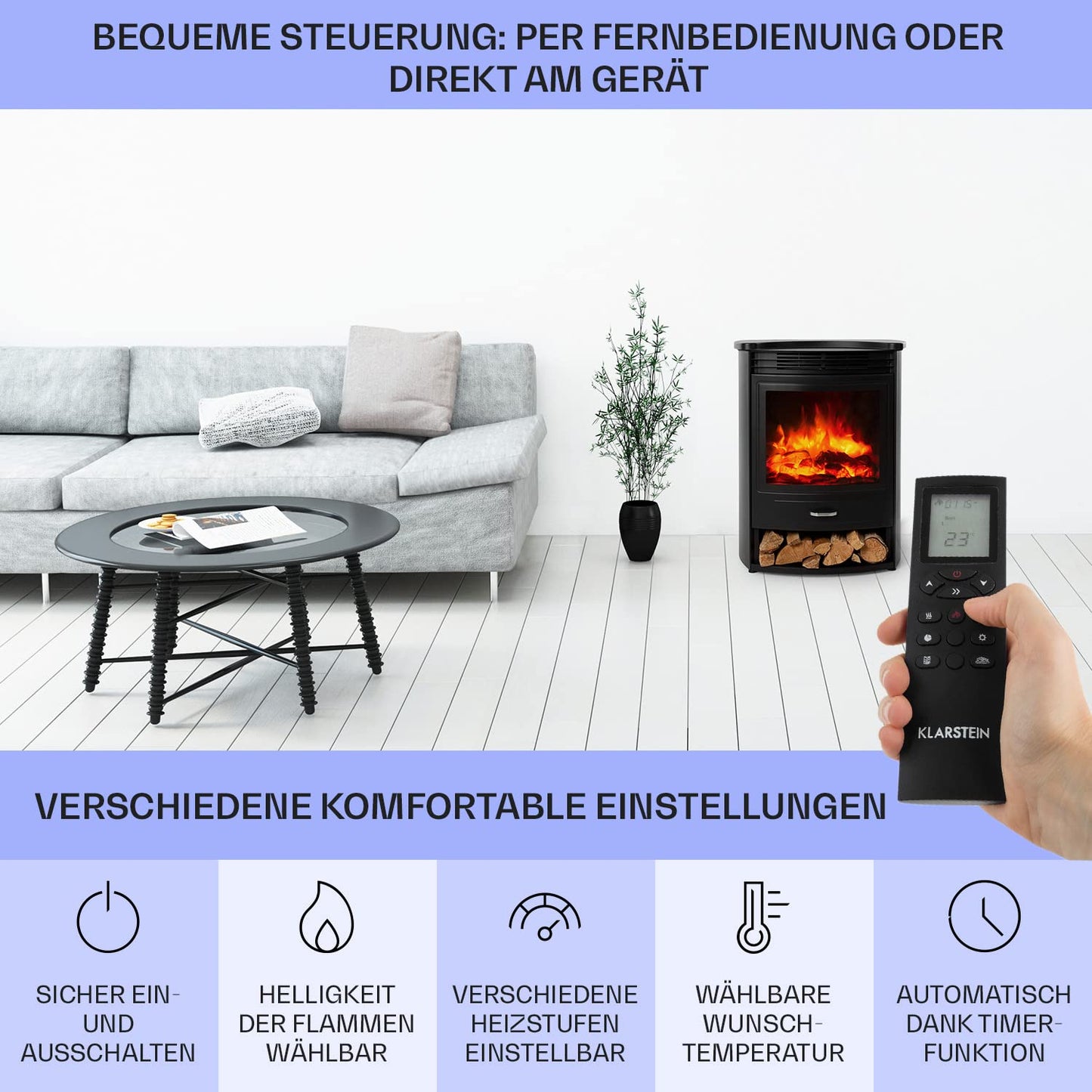 Klarstein Elektrokamin, Elektro Heizungen für Wohnzimmer & Innenräume, Elektrischer Kamin mit LED Flammen, mit Fernbedienung, Heizlüfter mit Timer, Einstellbarer Thermostat, Heizung 1900 W