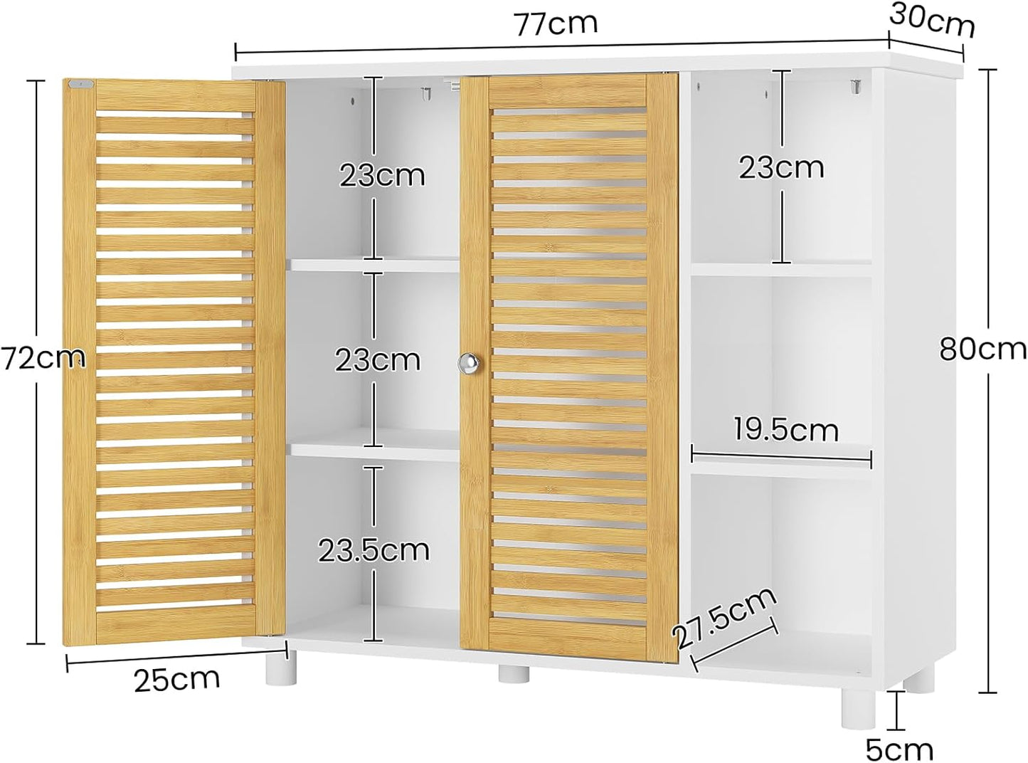 FORABAMB Bathroom Cabinet, Floor Cabinet, Bathroom Cabinet with Double Doors Made of Bamboo, 3 Open Compartments, Freestanding Side Cabinet for Bathroom, Living Room and Kitchen, 77 x 30 x 80 cm