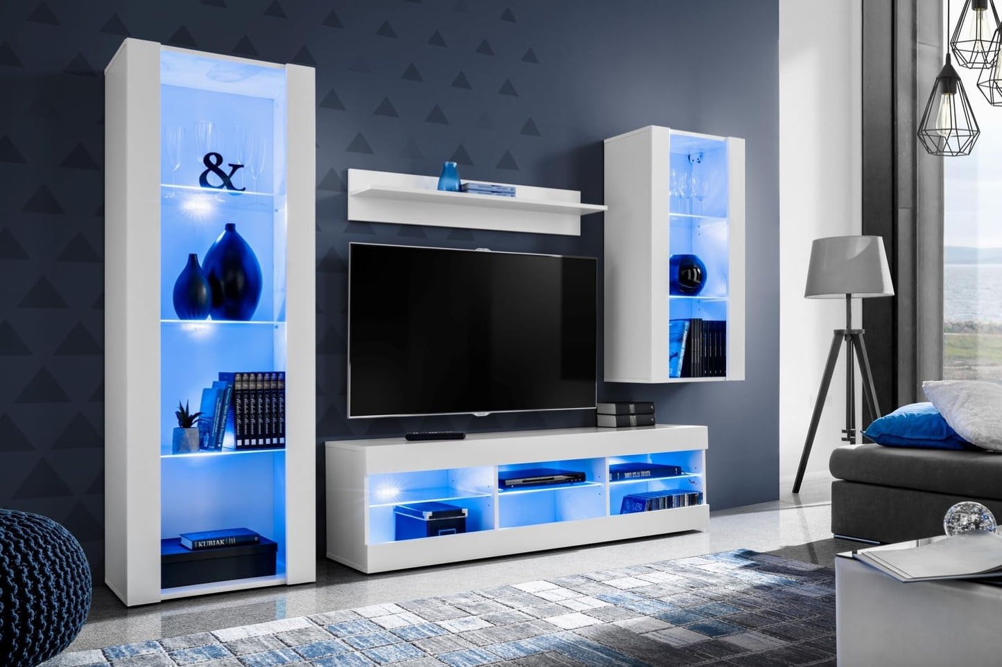 Komodee Tivoli Medio Wall Unit Living Room Set, Black/Black, Width 245 cm x Height 159 cm x Depth 35 cm, LED Blue, for Living Room, Bedroom