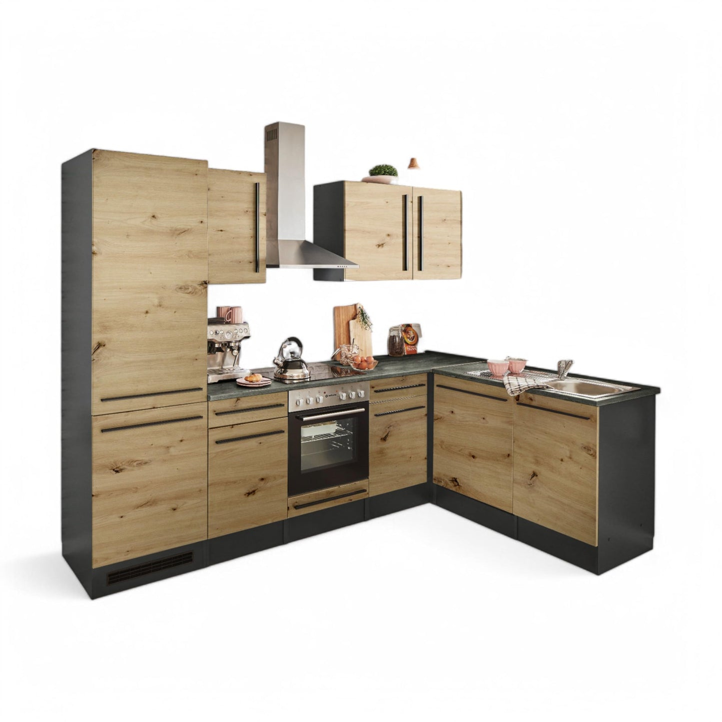 Jazz 8 Modern Corner Kitchen without Electrical Appliances in White High Gloss, Metallic Grey - Spacious Kitchen Unit in L-Shaped with Lots of Storage Space - 220 x 211 x 60 cm (W x H x D)