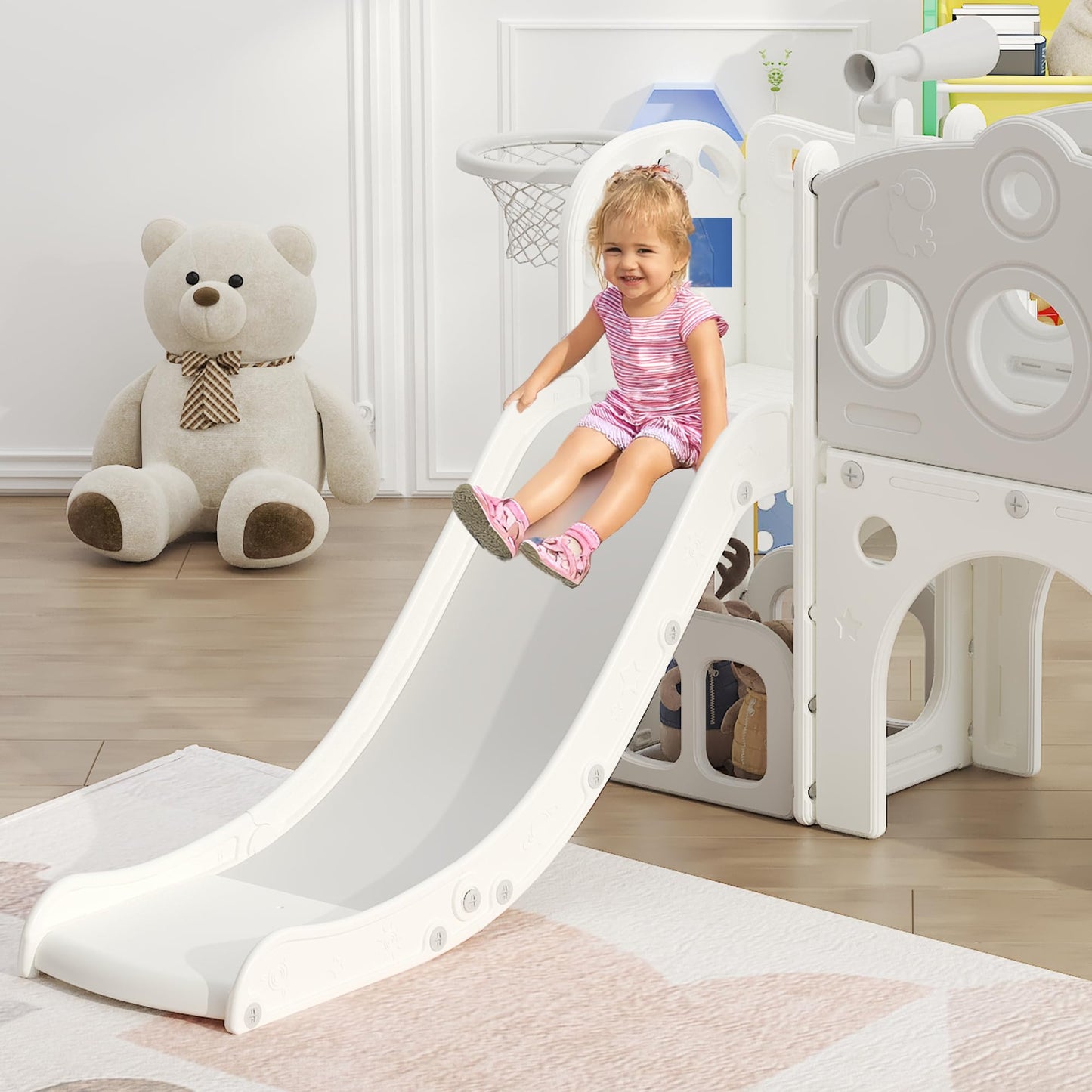 Hominewti Kinderrutsche, 8-in-1-Montessori Kinder Spielplatz mit Basketballkorb, Teleskop und Klettergerüst, Babyrutsche für Kleinkinder, Spielplatz für drinnen und draußen, Grün