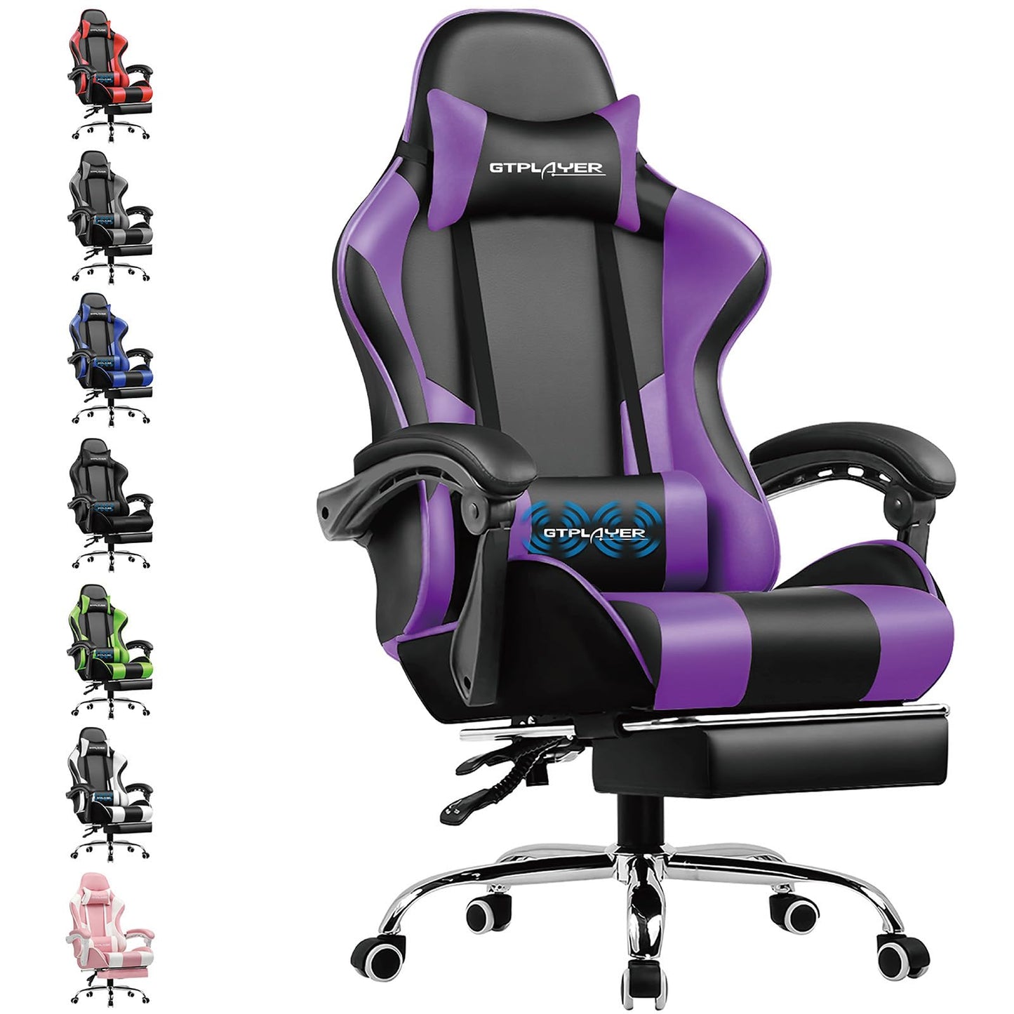 GTPLAYER Gaming Stuhl Bürostuhl Massage Gaming Sessel Ergonomischer Gamer Stuhl mit Fußstütze, Kopfstütze Massage-Lendenkissen, Gepolstert Gaming Chair, Drehsessel, weiß