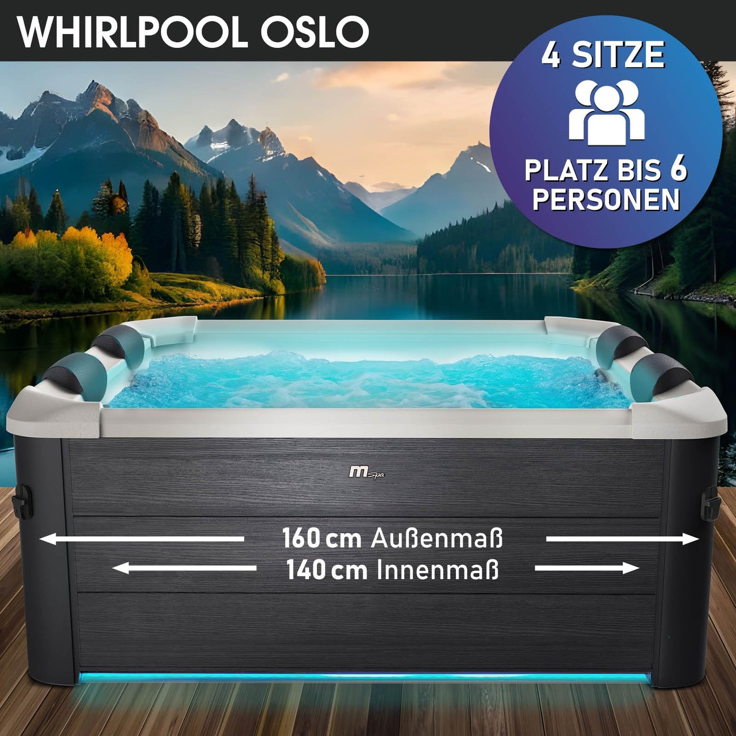 BRAST Whirlpool MSpa Oslo & Oslo Plus XXL mit Fester Außenwand | 160x160x65cm - 180x180x65cm | LED-Beleuchtung 20 Farben | 6 Personen | 120-140 Massagedüsen | Ganzjähriger Einsatz Winterfest