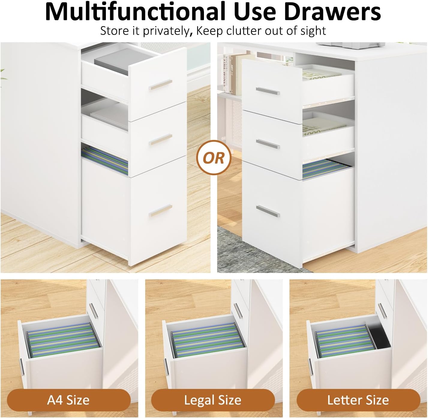 HSH - Black L Shape Corner Desk with Filing Drawers and Shelves, Reversible Corner Desk Made of Metal and Wood with Storage Cabinets