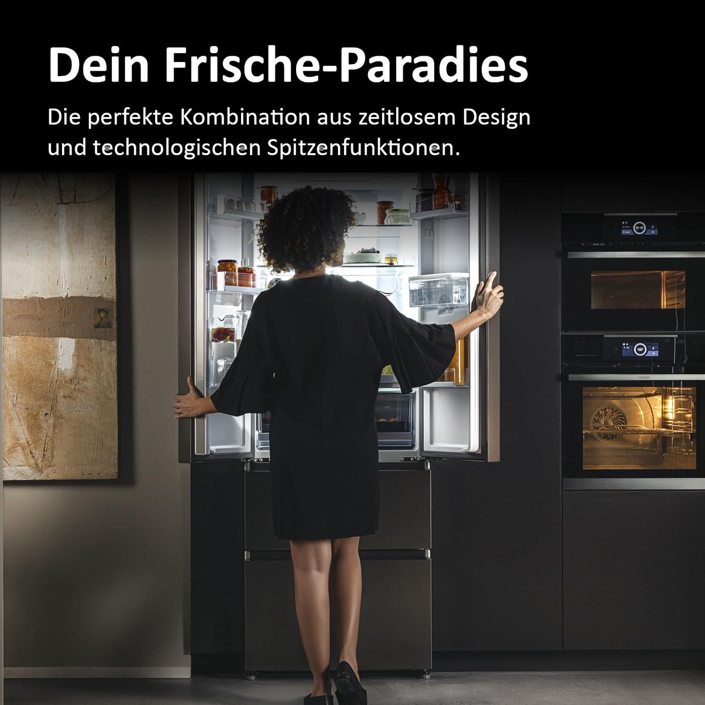 Haier French Door Kühl-Gefrierkombination 70 cm Breite I 402 L French Door Kühlschrank, freistehend I Doppeltür Kühlschrank mit Gefrierfach, No Frost I LED, Touch-Display I FD 70 SERIE 3 HFR3718ENMM