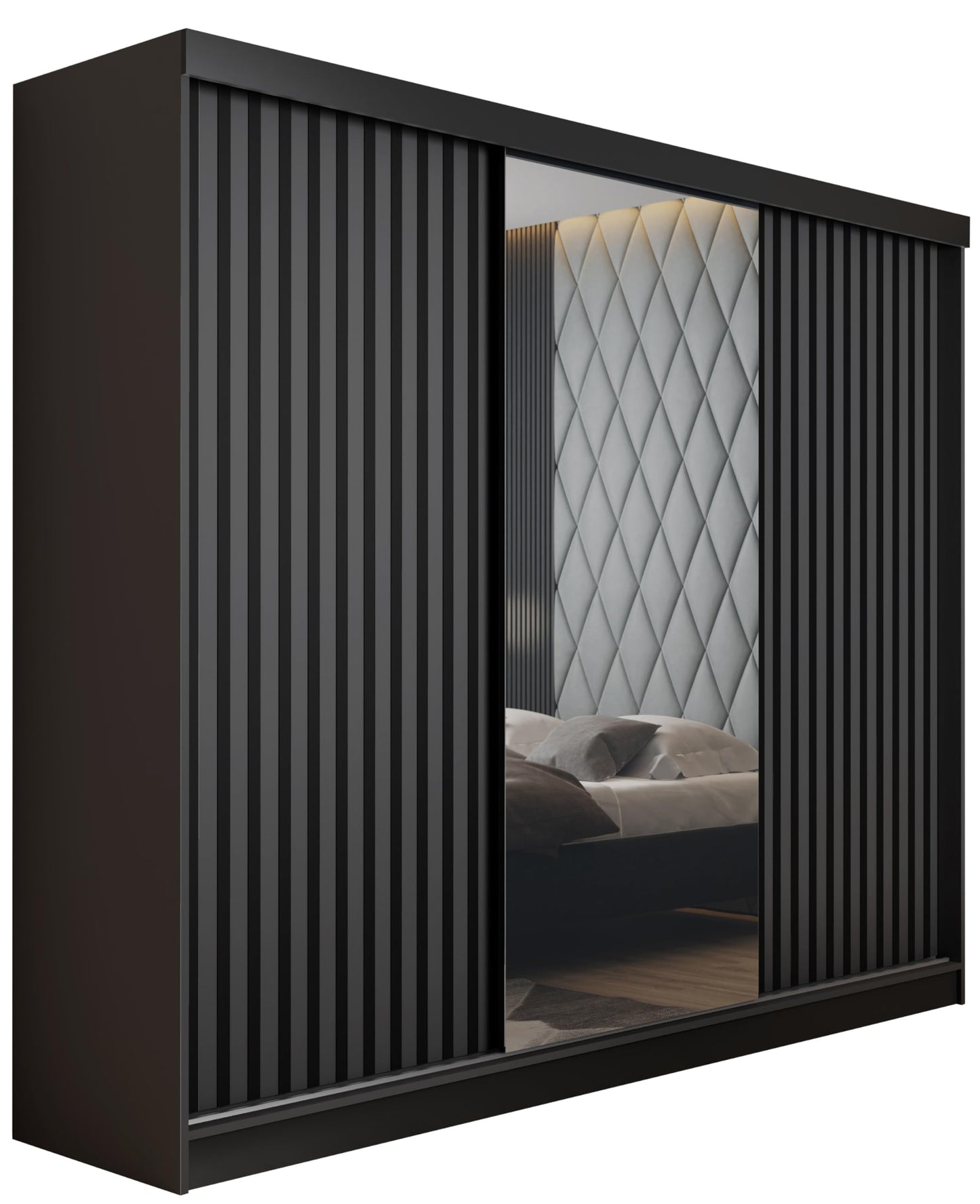 KIER FURNITURE Mehrzweckschrank Malani 200 Schiebetürenschrank - Eleganter Kleiderschrank Schrank Garderobe Spiegel - Wohnzimmerschrank Schiebetüren - Graphit Anthrazit 200x205x59 cm