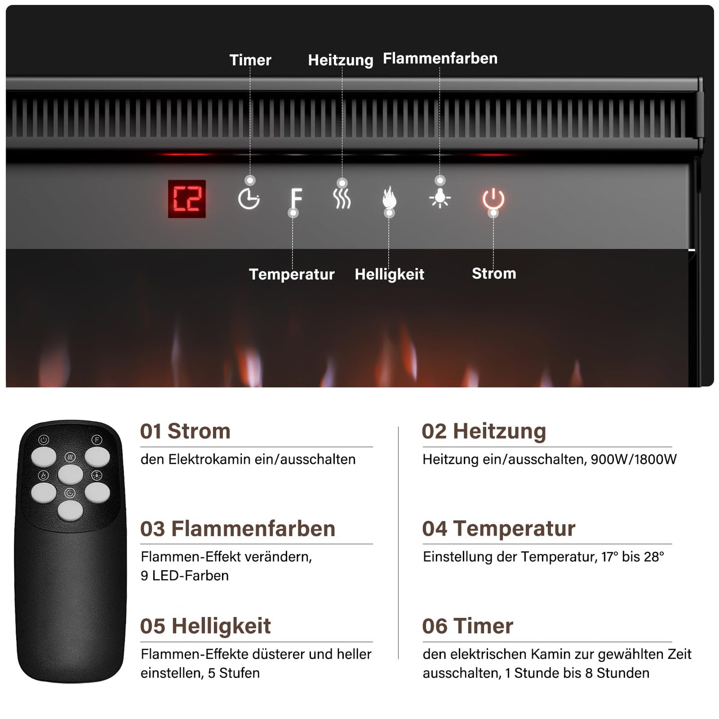 INMOZATA Elektrokamin 50''/127cm vertieft/freistehender elektrischer Kamin 3-Seiten-Glasanzeige Medien-Wand-Feuer mit 9-Farben Realistische LED Flammeneffekt Touch Fernbedienung für Überhitzungsschutz