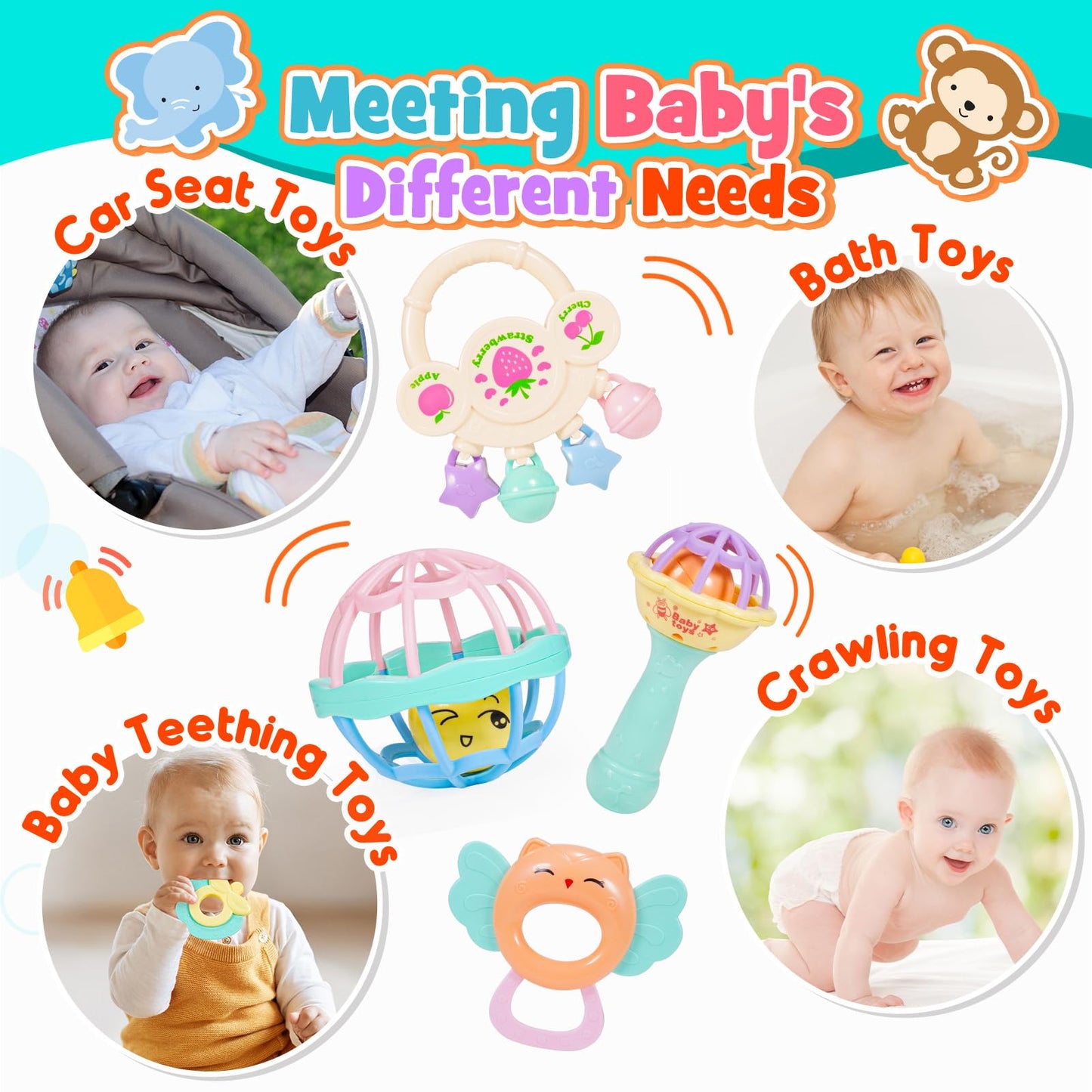 Wootoyz Baby Spielzeug 0-12 Monate, 14 Pcs Rasseln Beißring Set Babies Spielzeug ab 0 3 6 9 Monate Baby Geschenk Junge Mädchen Montessori Spielzeug ab 0-12 Monate Neugeborenen Geschenk Geburt