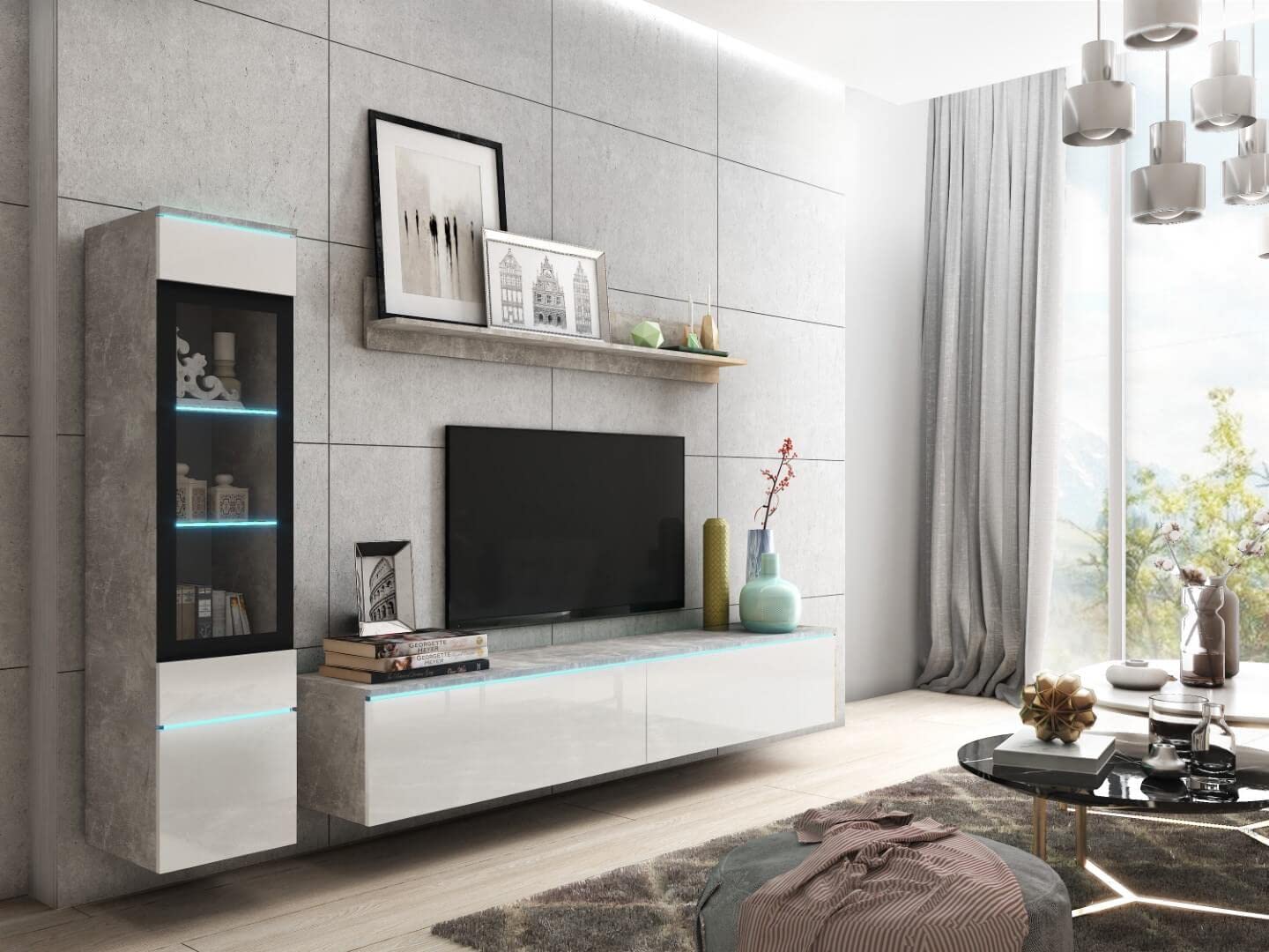 MINIO go for it Veve 2, 4-Piece Wall Unit Set, Hanging or Standing, 2 x Tall Cabinet Display Cabinets, Lowboard, Wall Board, Laminated Clamping Plate, Wotan Oak and Black Gloss, without Lighting