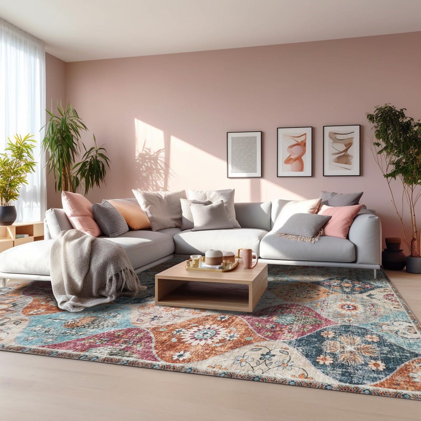 Xfrog Blumen Boho Teppich - Rutschfester Waschbarer Ultraweicher Antiker Niedriger Flor Flächenteppich für Wohnzimmer, Schlafzimmer, Kinderzimmer - 80 x 150 cm