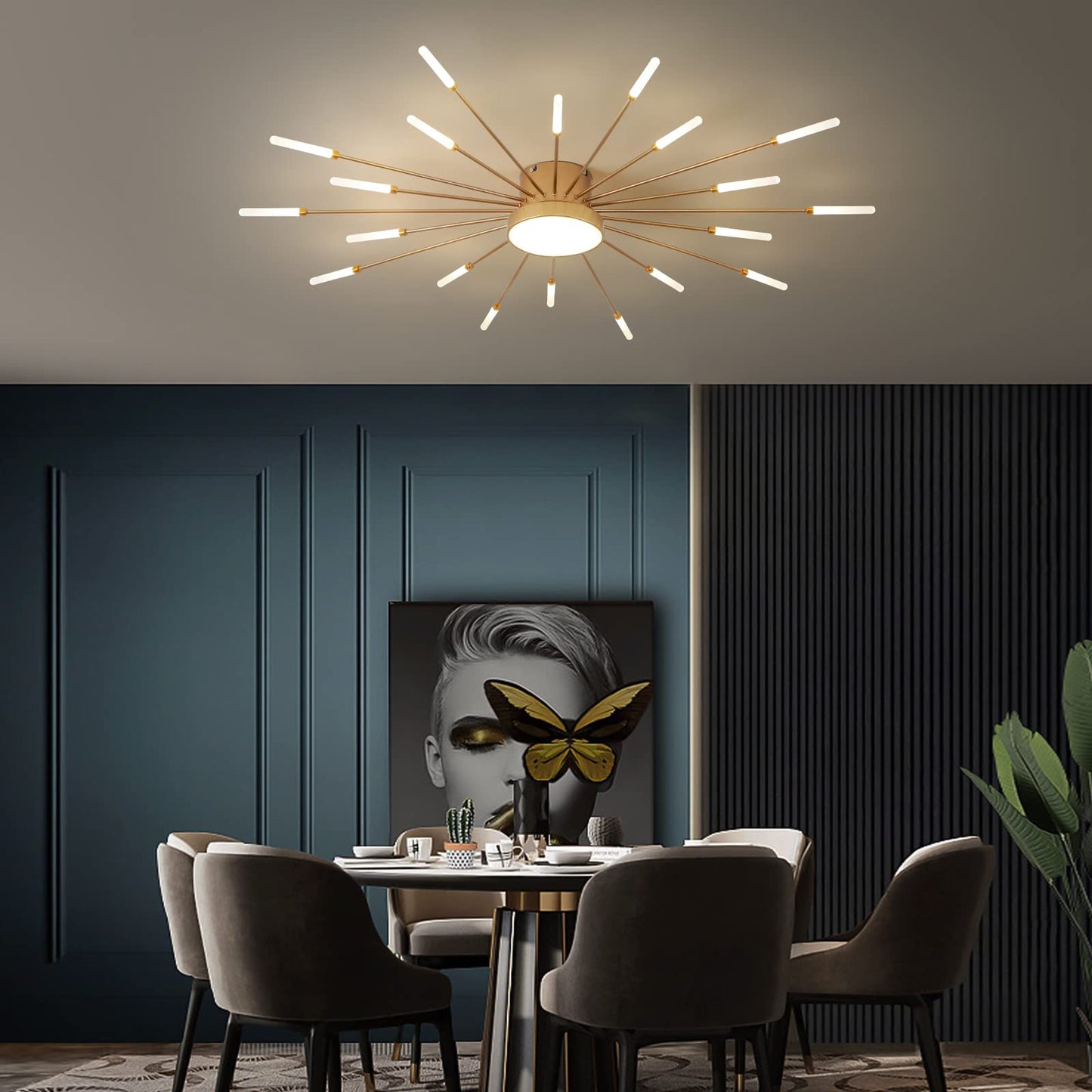 minifair Moderne LED-Deckenleuchte, 12 + 1 Köpfe, halbbündige Deckenleuchte, goldene Kronleuchter, Deckenbeleuchtung für Schlafzimmer, Wohnzimmer, Küche, Esszimmer, Restaurant