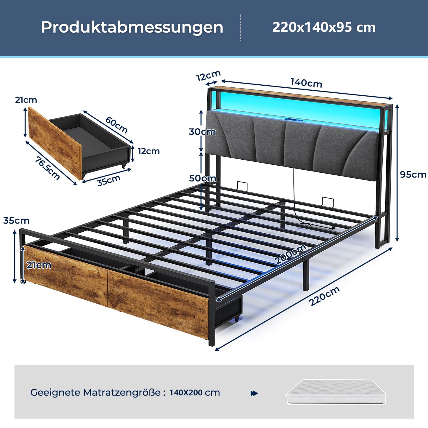 Brinlawb Bed 140 x 200 cm with Metal Slatted Frame, Bed Frame 140 x 200 cm with LED Lighting and Charging Station (2 AC Sockets & 2 USB Ports), Double Bed with 2 Large Drawers, Grey