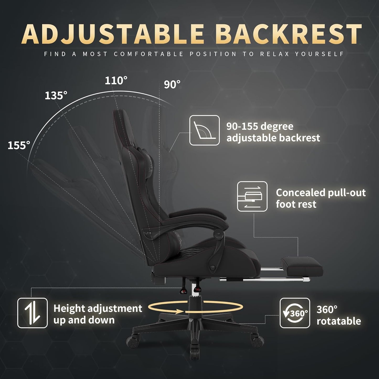 Gaming Chair, Ergonomic Office Chair, PC Chair, Gaming Chair, Lumbar Cushion and Footrest, PU Leather Gamer Chair, Adjustable Backrest from 90-155°, Height Adjustable 360° Swivel Chair (Pink)